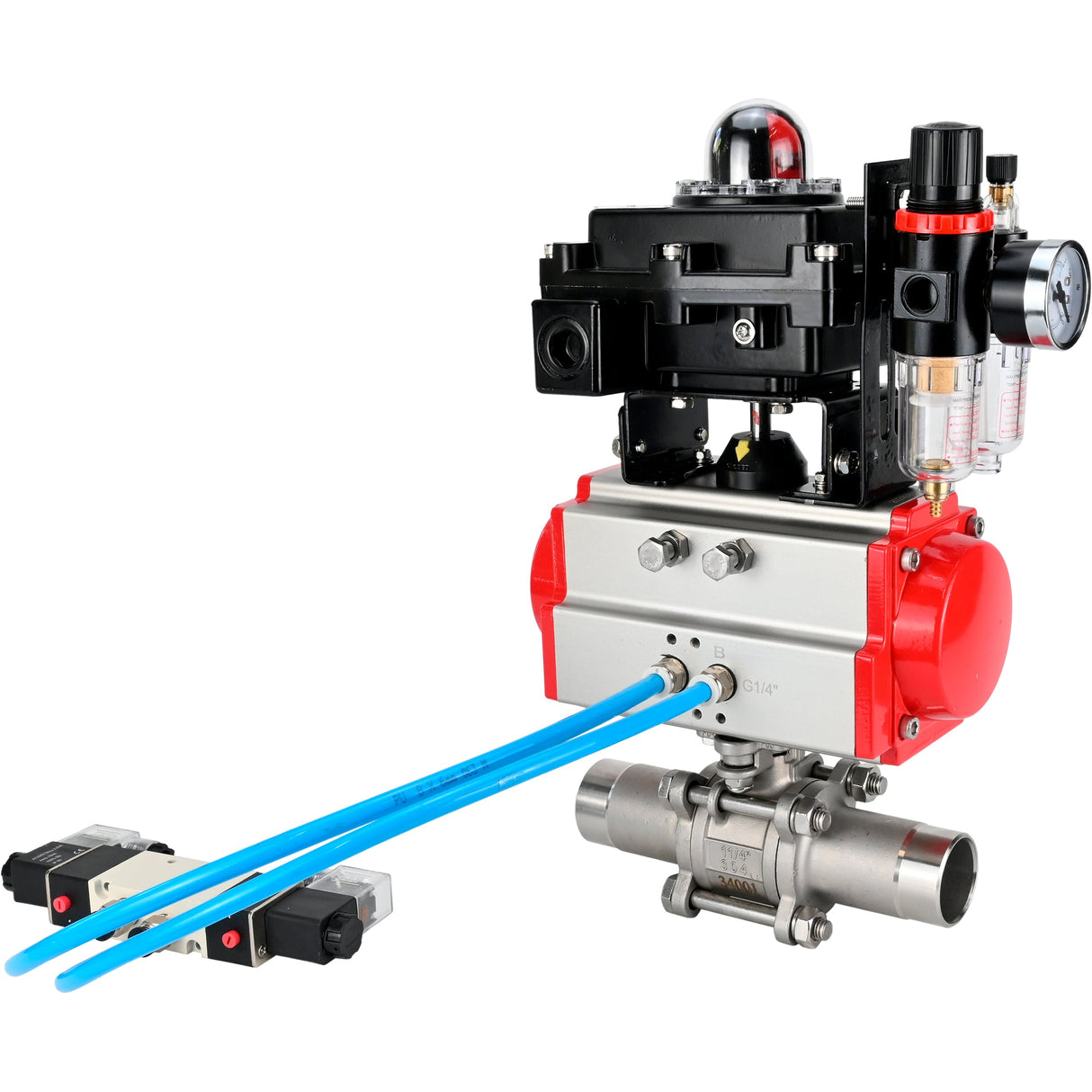 Kugelhähne Elephant BV3232P(3pc)-FP-W-ISO-H LANG voll durchgängig, Gehäuse - Edelstahl 316, zum Schweißen, mit pneumatischem Antrieb Elephant PA-SA, pneumatischem Verteiler 4V320-08 220V, LSU APL-410N EX und ATU AFC2000