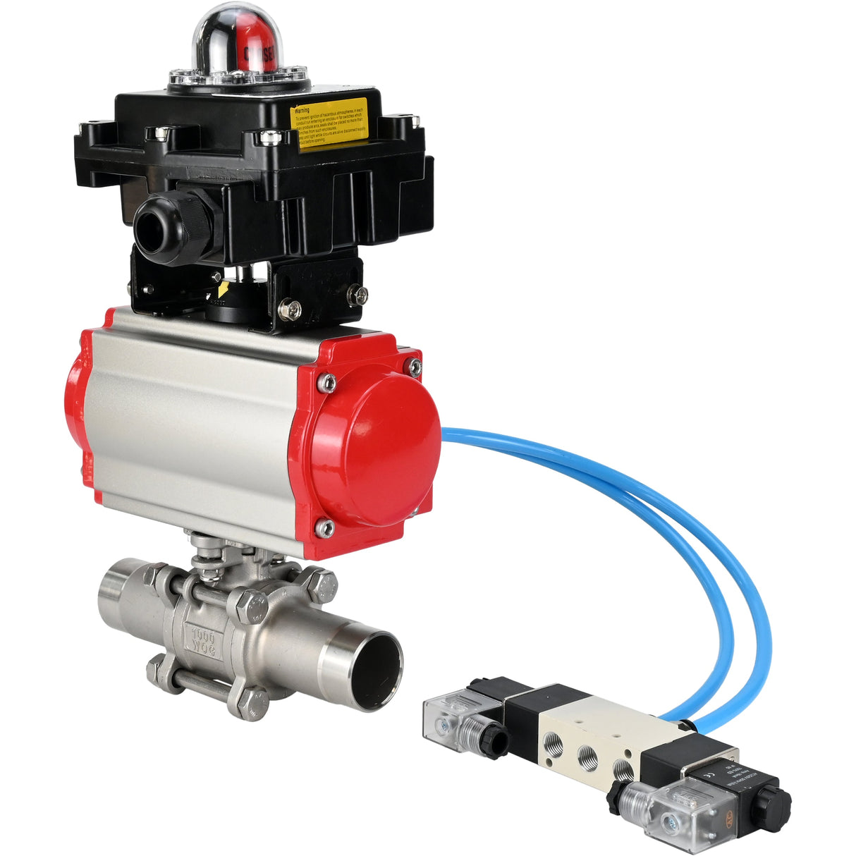 Kugelhähne Elephant BV3232P(3pc)-FP-W-ISO-H LANG voll durchgängig, Gehäuse - Edelstahl 316, zum Schweißen, mit pneumatischem Antrieb Elephant PA-SA, pneumatischem Verteiler 4V320-08 220V und Endschalterblock APL-410N EX