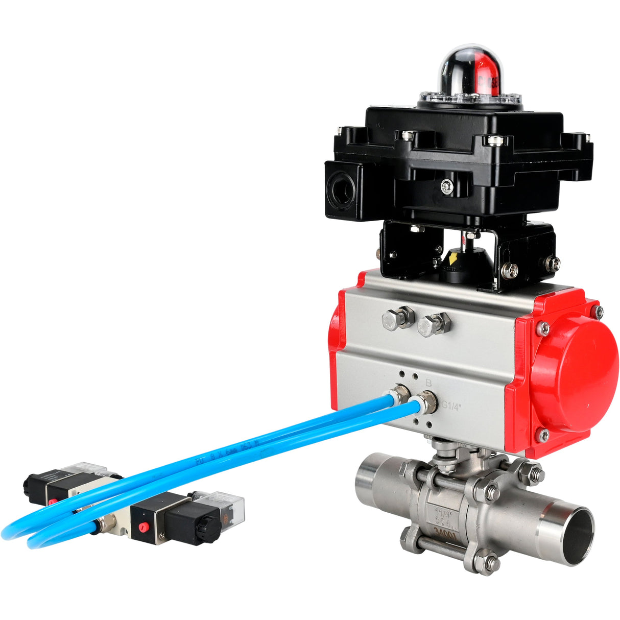 Kugelhähne Elephant BV3232P(3pc)-FP-W-ISO-H LANG voll durchgängig, Gehäuse - Edelstahl 316, zum Schweißen, mit pneumatischem Antrieb Elephant PA-SA, pneumatischem Verteiler 4V320-08 220V und Endschalterblock APL-410N EX