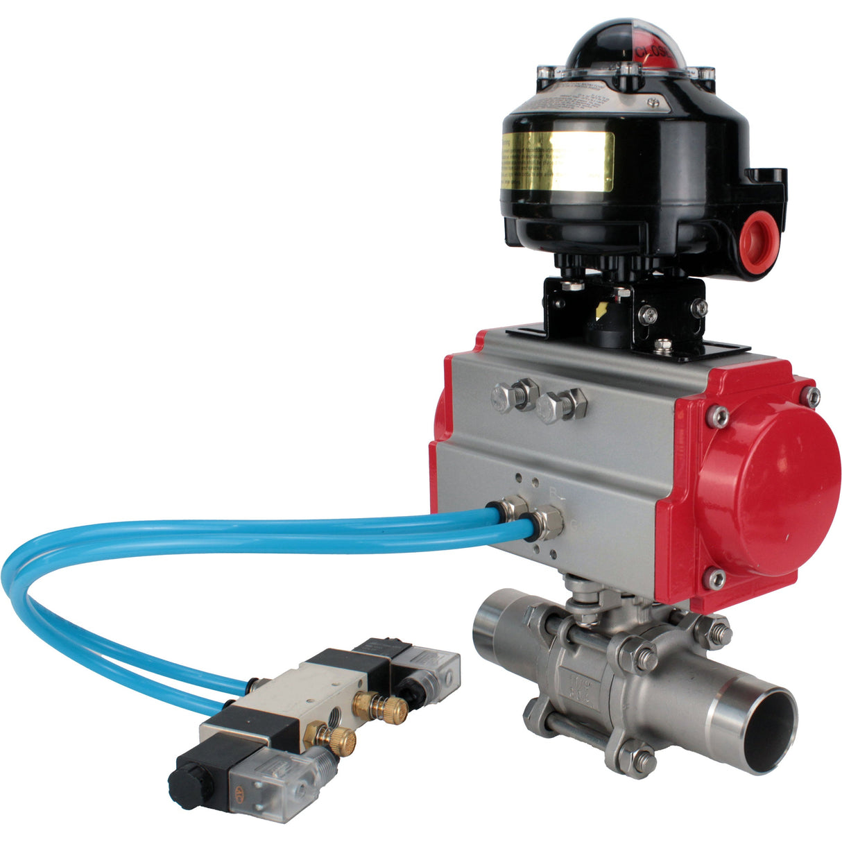 Kugelhähne Elephant BV3232P(3pc)-FP-W-ISO-H LANG voll durchgängig, Gehäuse - Edelstahl 316, zum Schweißen, mit pneumatischem Antrieb Elephant PA-SA, pneumatischem Verteiler 4V320-10 220V und Endschalterblock APL-510N EX