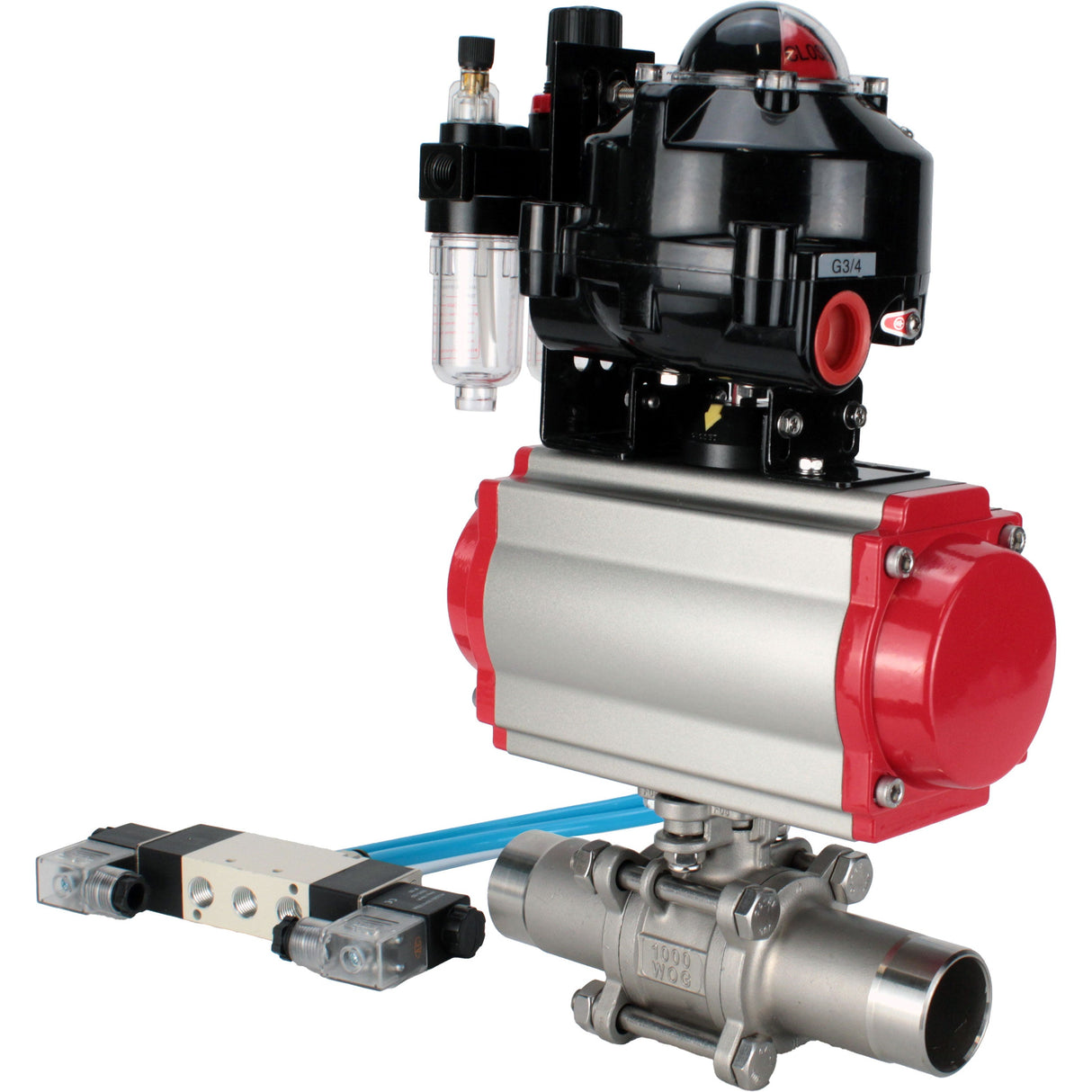 Kugelhähne Elephant BV3131P(3pc)-FP-W-ISO-H LANG DN10-150 Vollbohrung, Gehäuse - Edelstahl 304, zum Schweißen, mit pneumatischem Antrieb PA-DA, pneumatischem Verteiler 4V320-08 220V, LSU APL-510N EX und GSV AFC2000