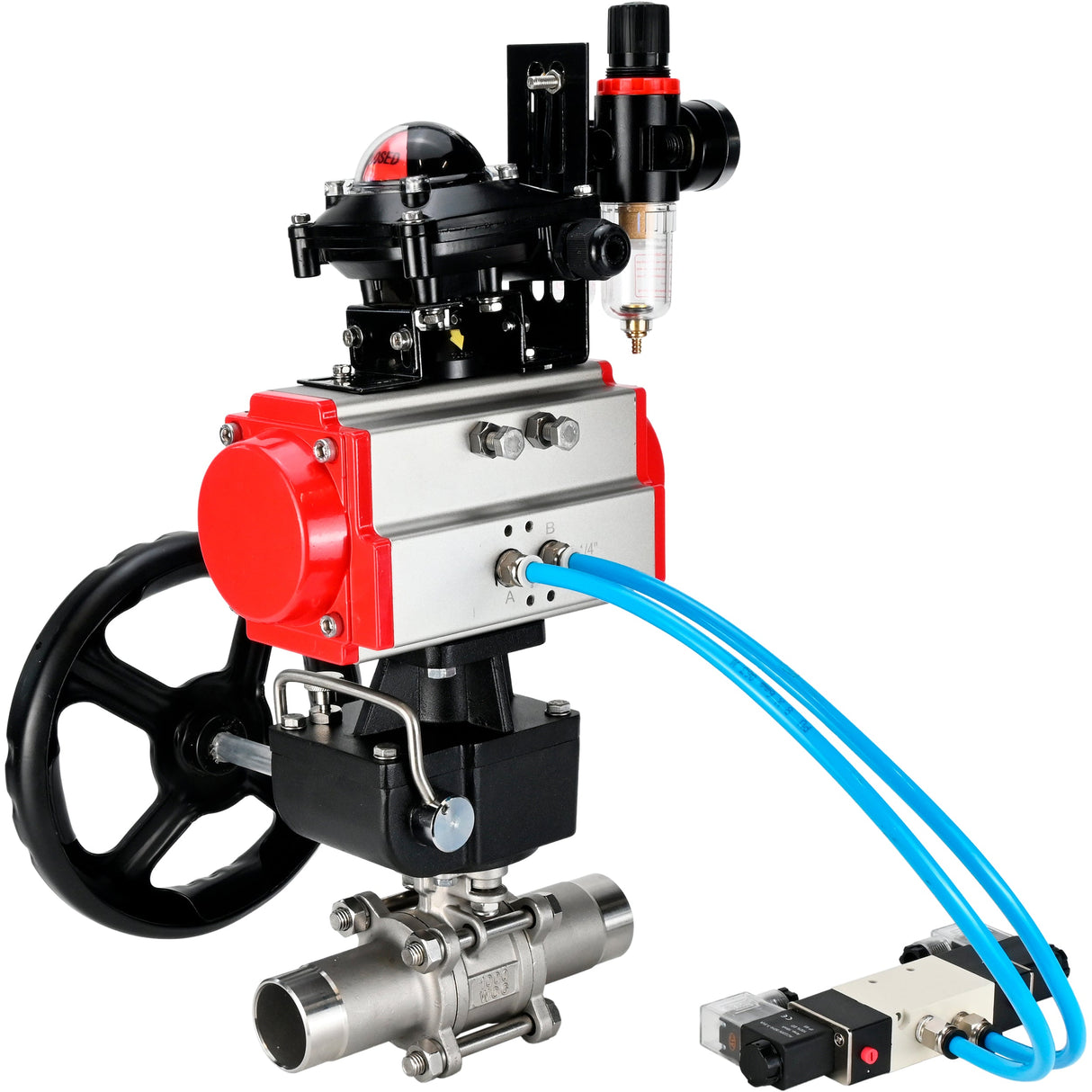 Kugelhähne Elephant BV3232P(3pc)-FP-W-ISO-H LANG DN50-150 Vollbohrung, Gehäuse - Edelstahl 316, zum Schweißen, mit pneumatischem Antrieb PA-DA, pneumatischem Verteiler 4V320-10 220V, MON-Reduzierer, LSU APL-210N und ATU AFC2000