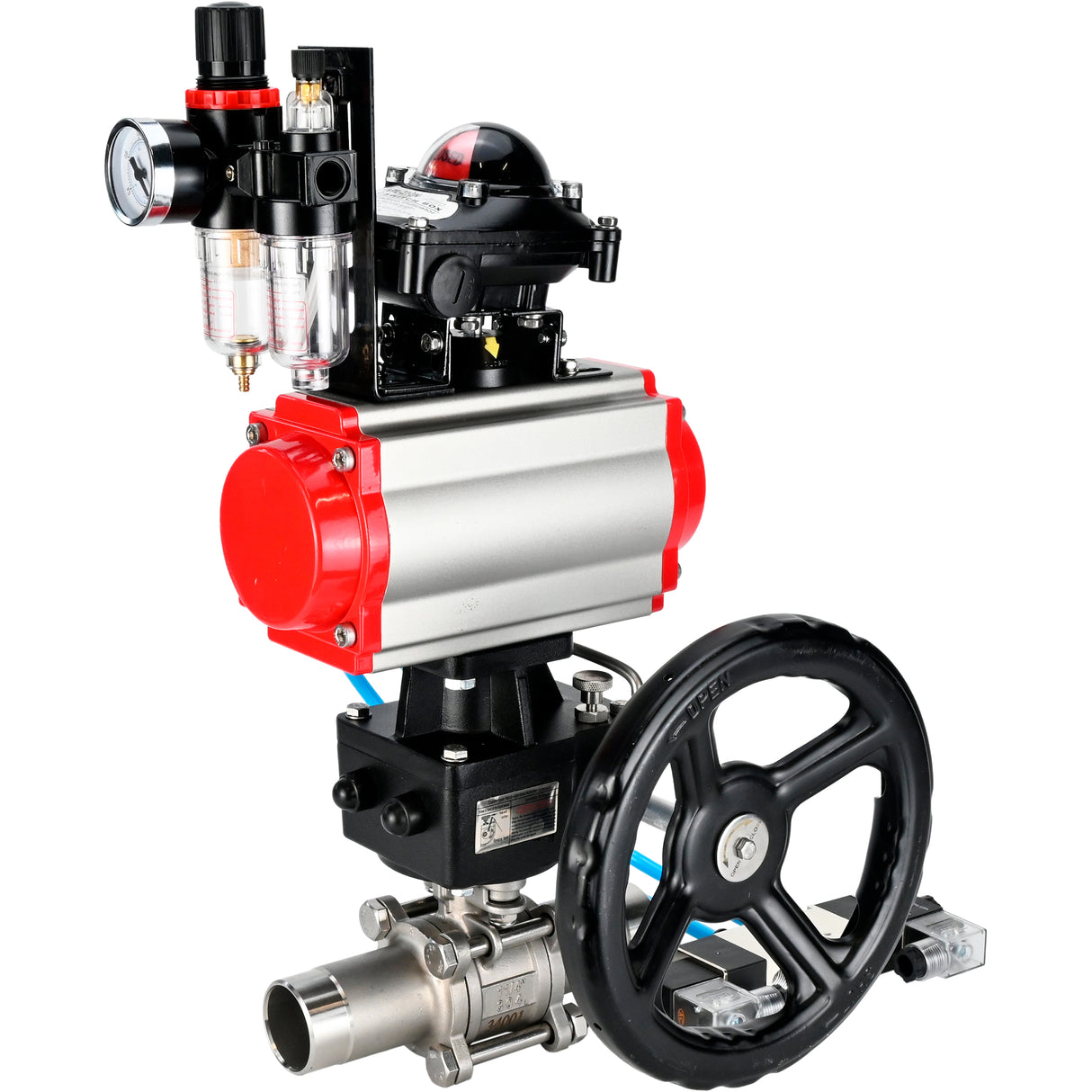 Kugelhähne Elephant BV3131P(3pc)-FP-W-ISO-H LANG DN50-150 Vollbohrung, Gehäuse - Edelstahl 304, zum Schweißen, mit pneumatischem Antrieb PA-DA, pneumatischem Verteiler 4V320-08 220V, MON Getriebe, LSU APL-210N und ATU AFC2000