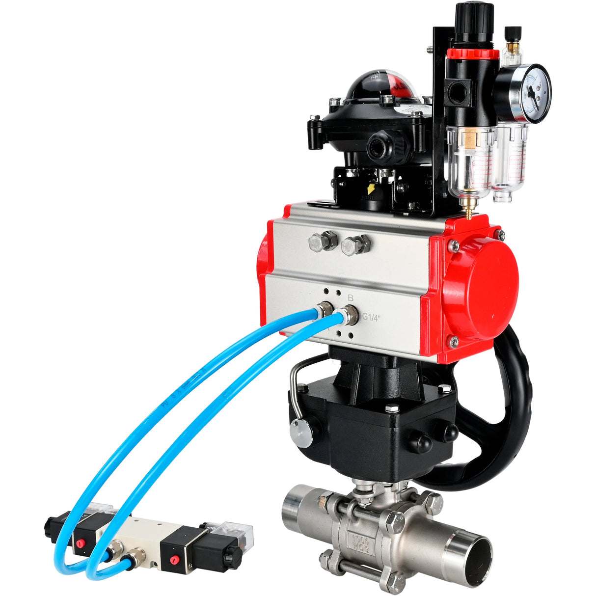 Kugelhähne Elephant BV3232P(3pc)-FP-W-ISO-H LANG DN50-150 Vollbohrung, Gehäuse - Edelstahl 316, zum Schweißen, mit pneumatischem Antrieb PA-DA, pneumatischem Verteiler 4V320-08 220V, MON Getriebe, LSU APL-210N und ATU AFC2000