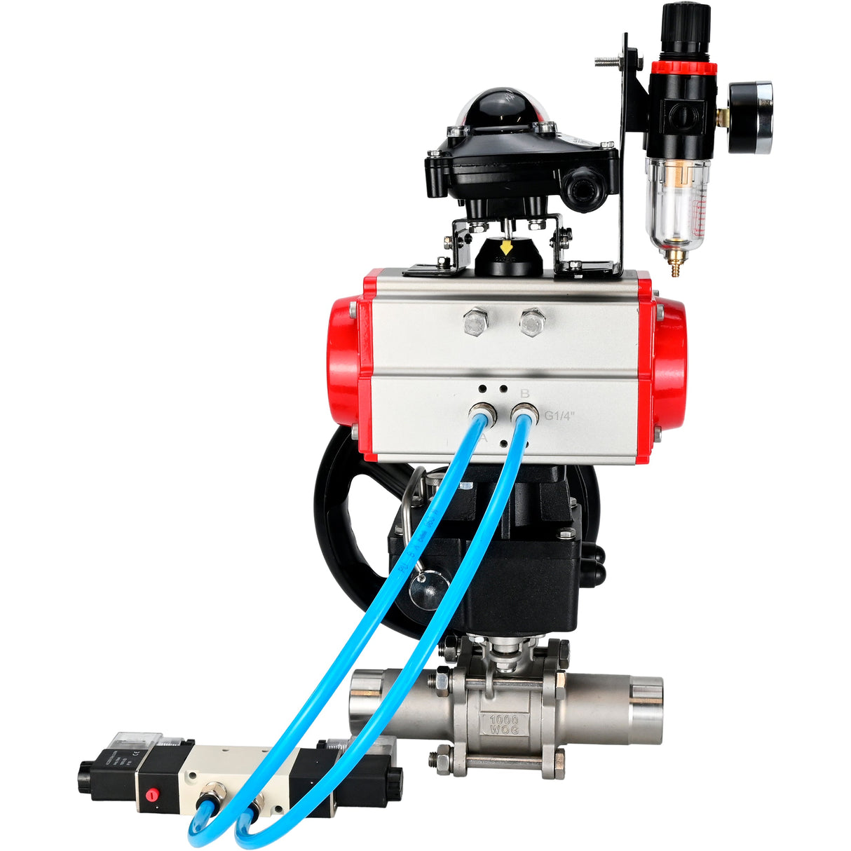 Kugelhähne Elephant BV3131P(3pc)-FP-W-ISO-H LANG DN50-150 Vollbohrung, Gehäuse - Edelstahl 304, zum Schweißen, mit pneumatischem Antrieb PA-DA, pneumatischem Verteiler 4V320-10 220V, MON-Reduzierer, LSU APL-210N und ATU AFC2000