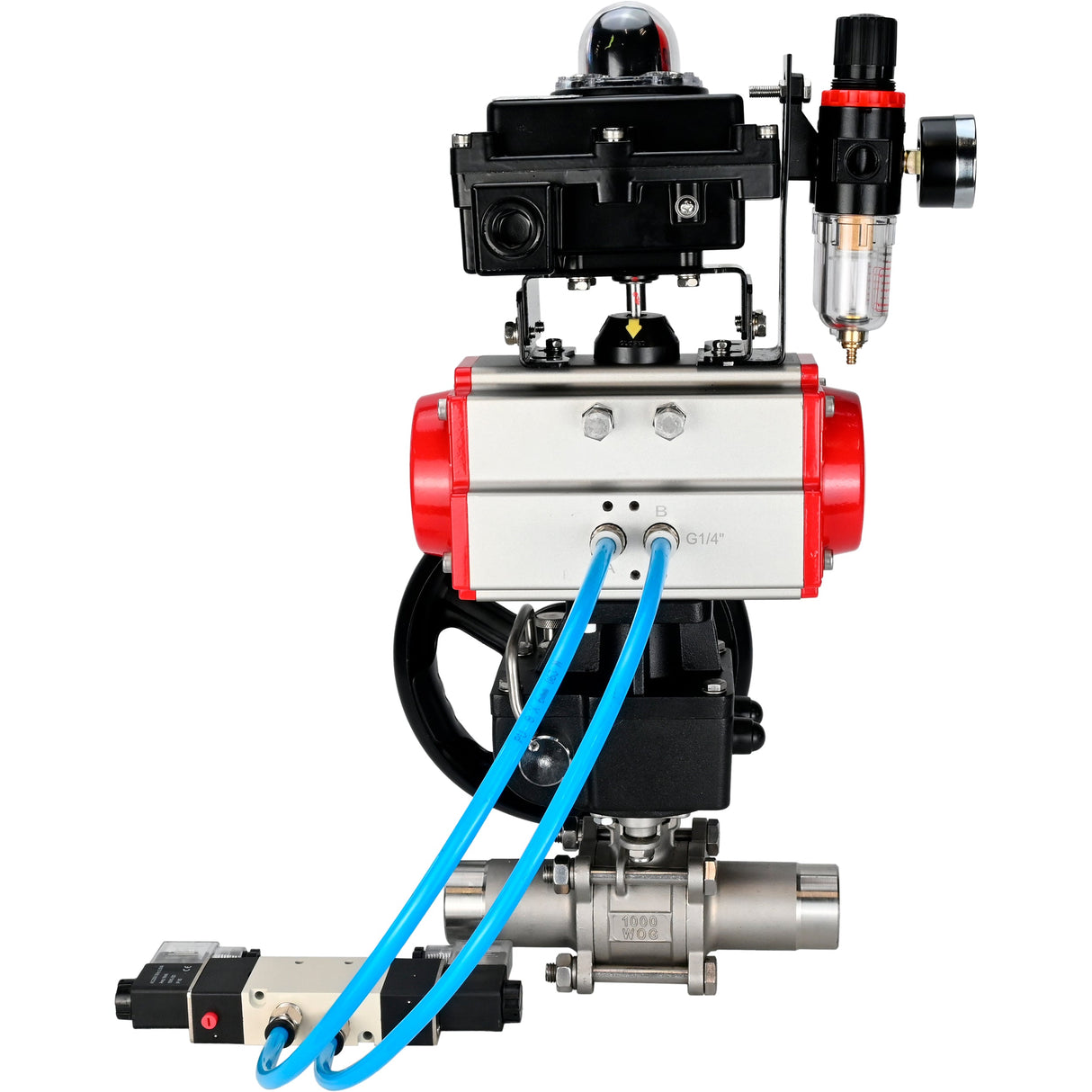 Kugelhähne Elephant BV3232P(3pc)-FP-W-ISO-H LANG DN50-150 Vollbohrung, Gehäuse - Edelstahl 316, zum Schweißen, mit pneumatischem Antrieb PA-DA, pneumatischem Verteiler 4V320-08 220V, MON Getriebe, LSU APL-410N EX und ATU AFC2000