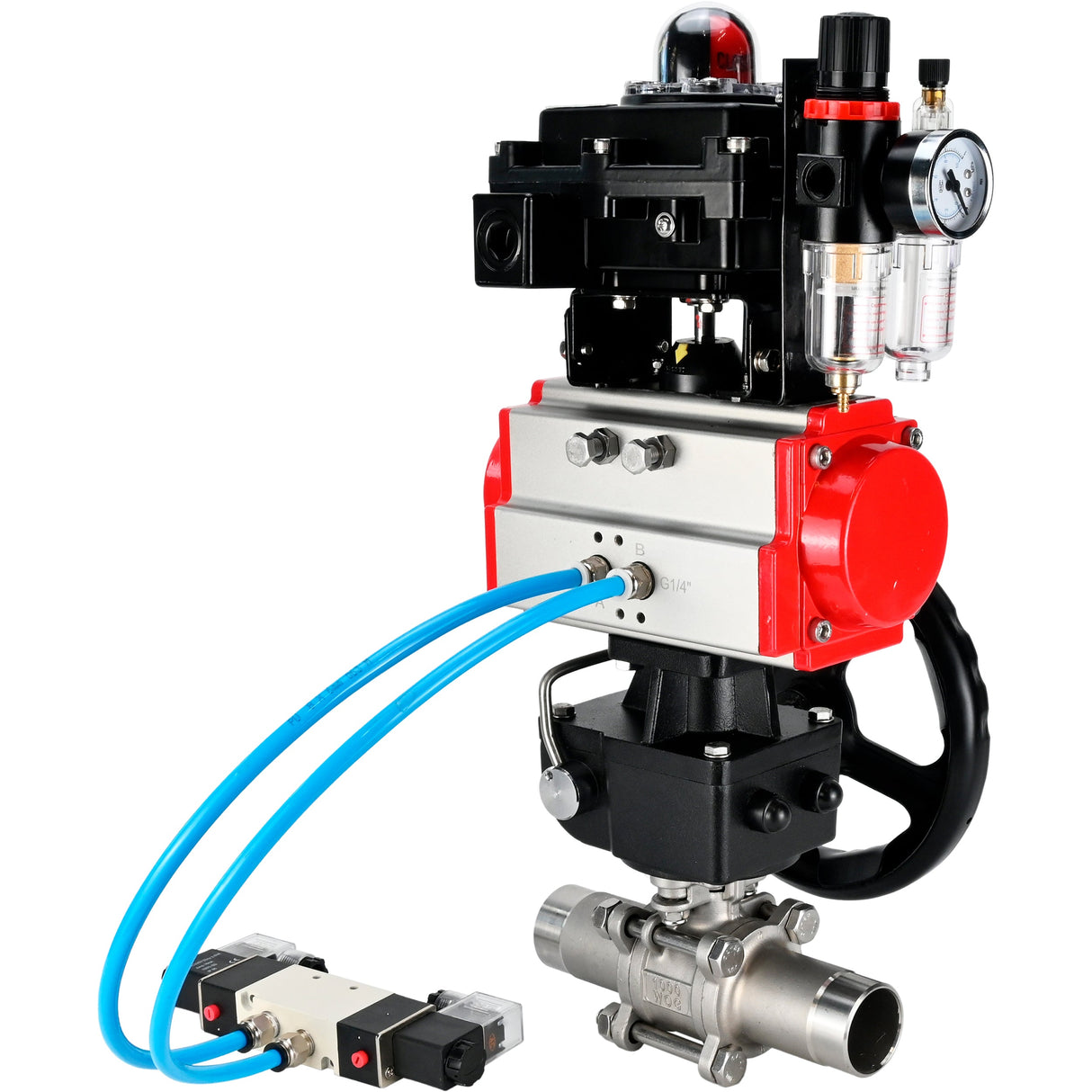 Kugelhähne Elephant BV3232P(3pc)-FP-W-ISO-H LANG DN50-150 Vollbohrung, Gehäuse - Edelstahl 316, zum Schweißen, mit pneumatischem Antrieb PA-DA, pneumatischem Verteiler 4V320-10 220V, MON-Reduzierer, LSU APL-410N EX und ATU AFC2000