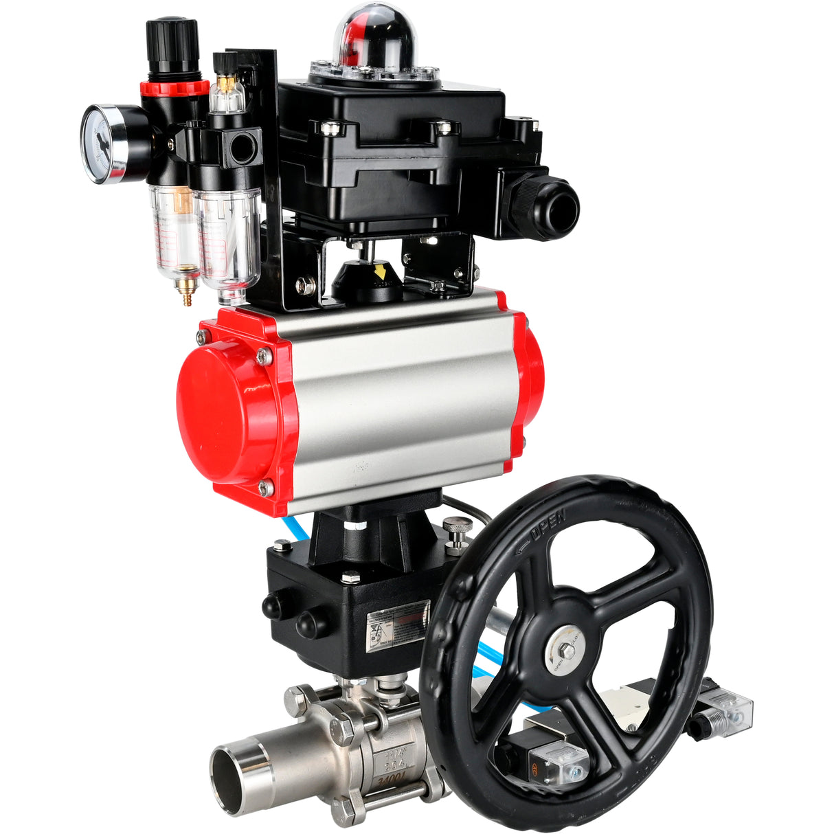 Kugelhähne Elephant BV3131P(3pc)-FP-W-ISO-H LANG DN50-150 Vollbohrung, Gehäuse - Edelstahl 304, zum Schweißen, mit pneumatischem Antrieb PA-DA, pneumatischem Verteiler 4V320-08 220V, MON Getriebe, LSU APL-410N EX und ATU AFC2000