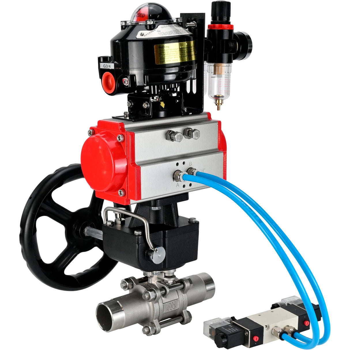 Kugelhähne Elephant BV3232P(3pc)-FP-W-ISO-H LANG DN50-150 Vollbohrung, Gehäuse - Edelstahl 316, zum Schweißen, mit pneumatischem Antrieb PA-DA, pneumatischem Verteiler 4V320-08 220V, MON Getriebe, LSU APL-510N EX und ATU AFC2000