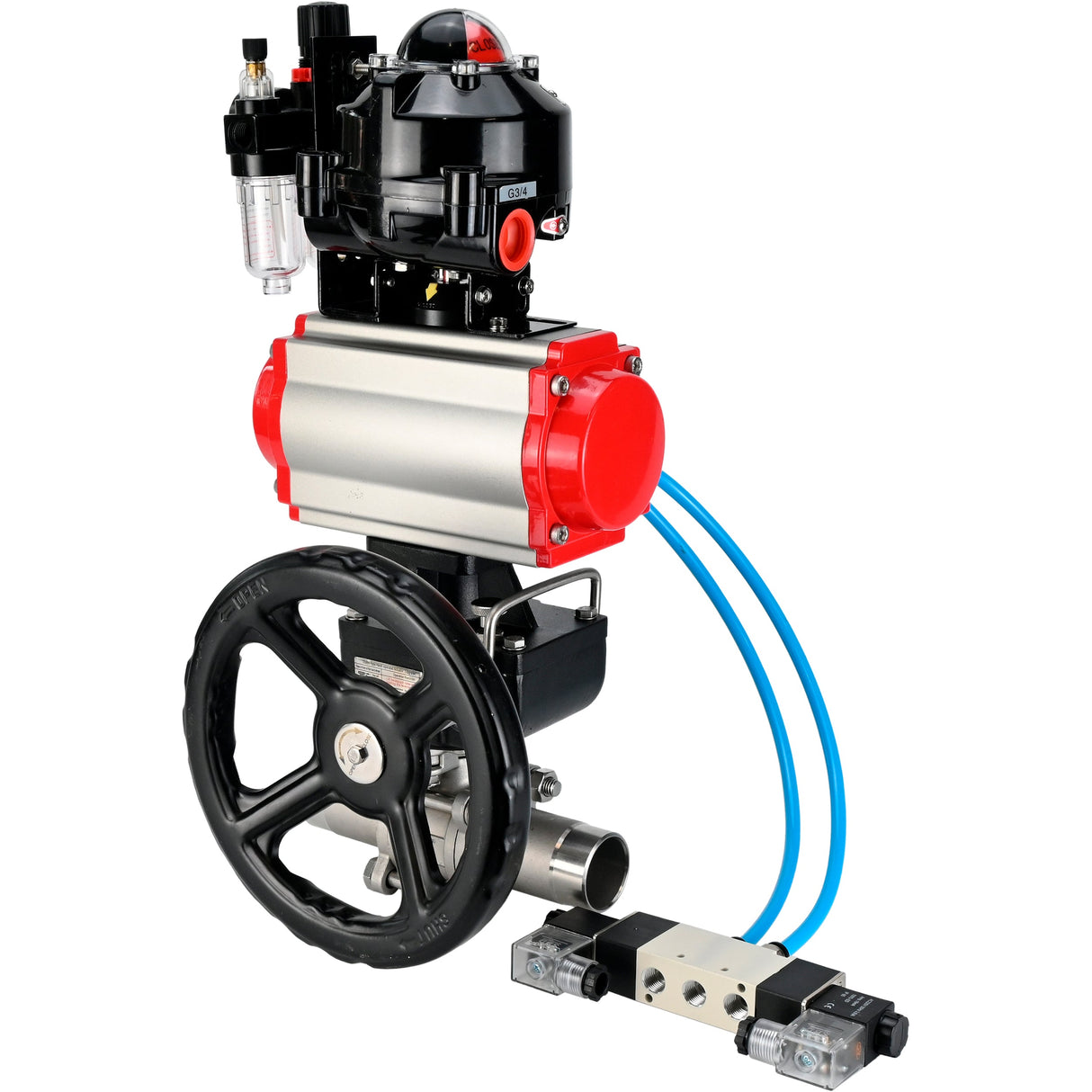 Kugelhähne Elephant BV3131P(3pc)-FP-W-ISO-H LANG DN50-150 Vollbohrung, Gehäuse - Edelstahl 304, zum Schweißen, mit pneumatischem Antrieb PA-DA, pneumatischem Verteiler 4V320-10 220V, MON-Reduzierer, LSU APL-510N EX und ATU AFC2000