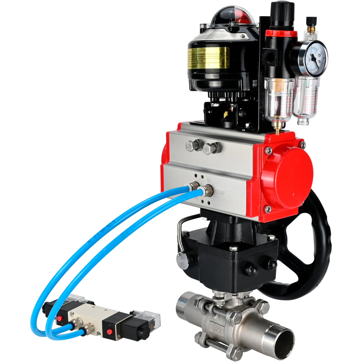 Kugelhähne Elephant BV3131P(3pc)-FP-W-ISO-H LANG DN50-150 Vollbohrung, Gehäuse - Edelstahl 304, zum Schweißen, mit pneumatischem Antrieb PA-DA, pneumatischem Verteiler 4V320-10 220V, MON-Reduzierer, LSU APL-510N EX und ATU AFC2000