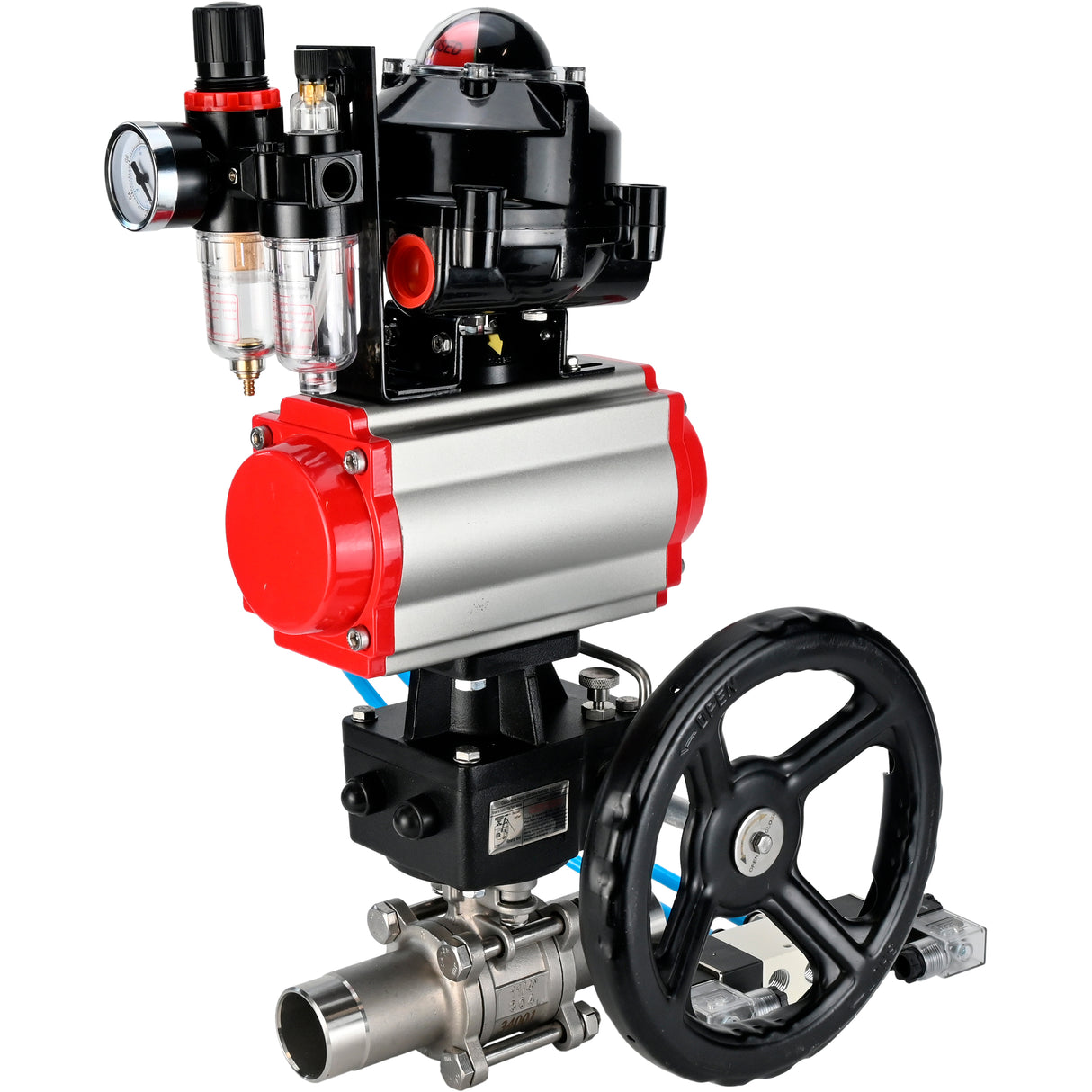 Kugelhähne Elephant BV3131P(3pc)-FP-W-ISO-H LANG DN50-150 Vollbohrung, Gehäuse - Edelstahl 304, zum Schweißen, mit pneumatischem Antrieb PA-DA, pneumatischem Verteiler 4V320-10 220V, MON-Reduzierer, LSU APL-510N EX und ATU AFC2000