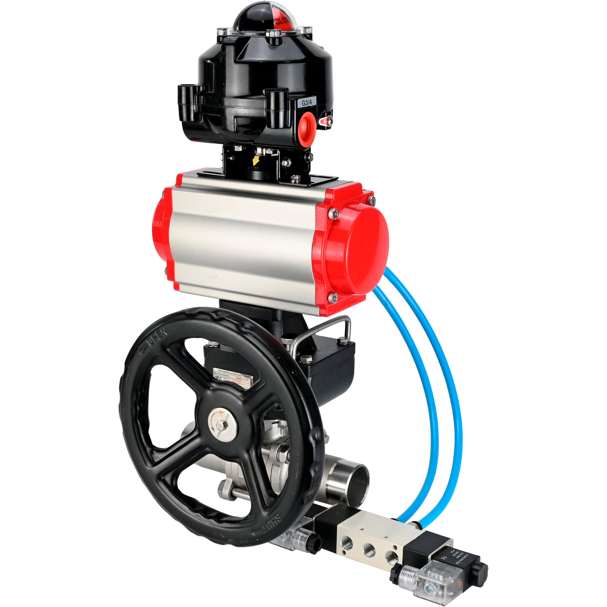 Kugelhähne Elephant BV3131P(3pc)-FP-W-ISO-H LANG DN50-150 Vollbohrung, Gehäuse - Edelstahl 304, geschweißt, mit pneumatischem Antrieb PA-DA, pneumatischem Verteiler 4V320-10 220V, MON Getriebe und Blockendschaltern APL-510N EX