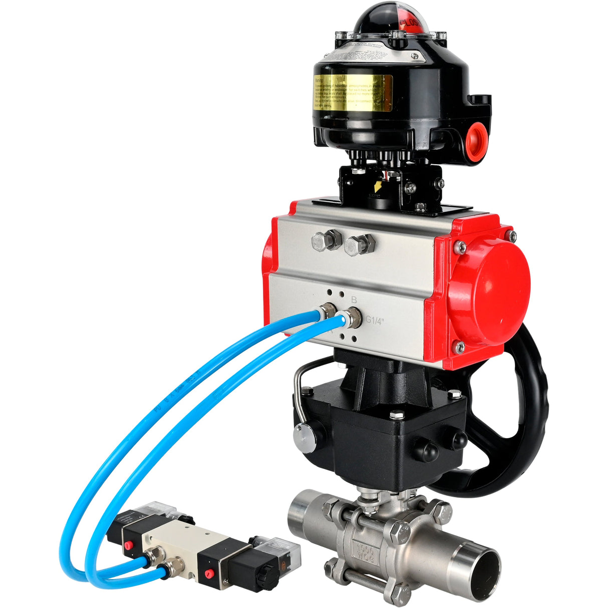 Kugelhähne Elephant BV3232P(3pc)-FP-W-ISO-H LANG DN50-150 Vollbohrung, Gehäuse - Edelstahl 316, zum Schweißen, mit PA-DA Pneumatikaktuator, Pneumatikverteiler 4V320-08 220V, MON Getriebe und Blockendschaltern APL-510N EX