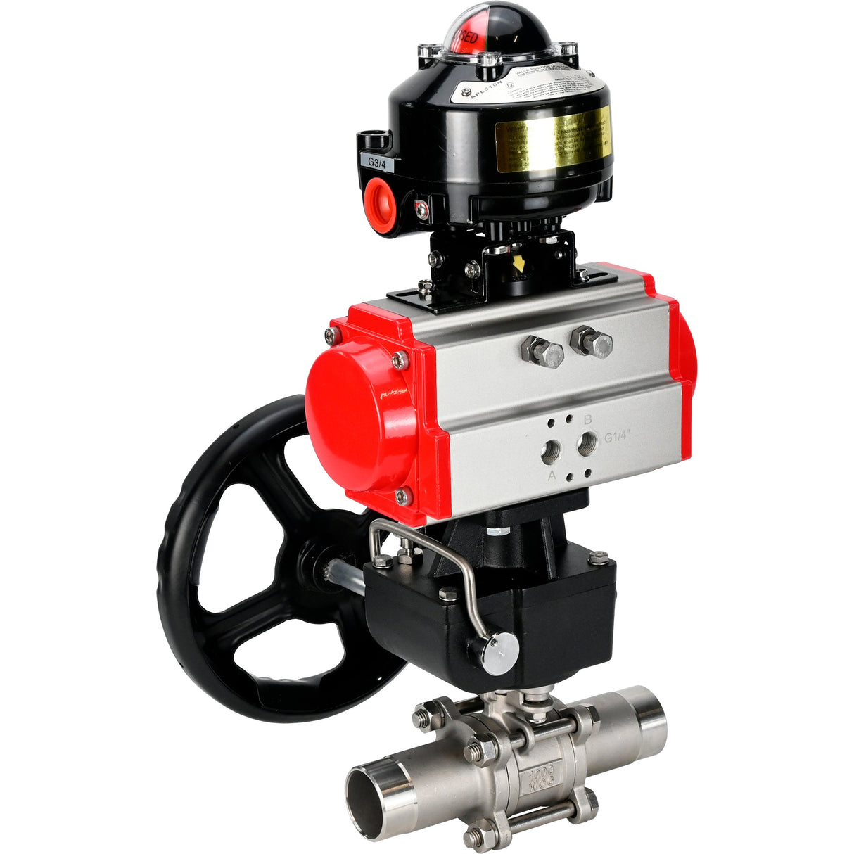 Kugelhähne Elephant BV3232P(3pc)-FP-W-ISO-H LANG DN50-150 Vollbohrung, Gehäuse - Edelstahl 316, geschweißt, mit Elephant PA-DA Pneumatikaktuator, Elephant MON Getriebe und APL-Endschalterblock 510N EX