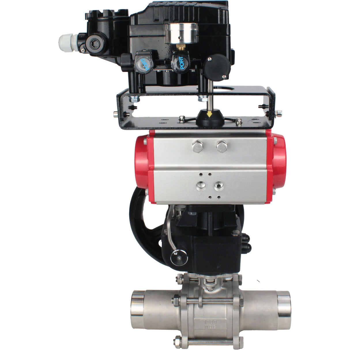 Kugelhähne Elephant BV3232P(3pc)-FP-W-ISO-H LANG DN50-150 Vollbohrung, Gehäuse - Edelstahl 316, geschweißt, mit Elephant PA-DA Pneumatik-Antrieb, Elephant MON Reduzierer und YT-1000RSN Pneumatik-Steller