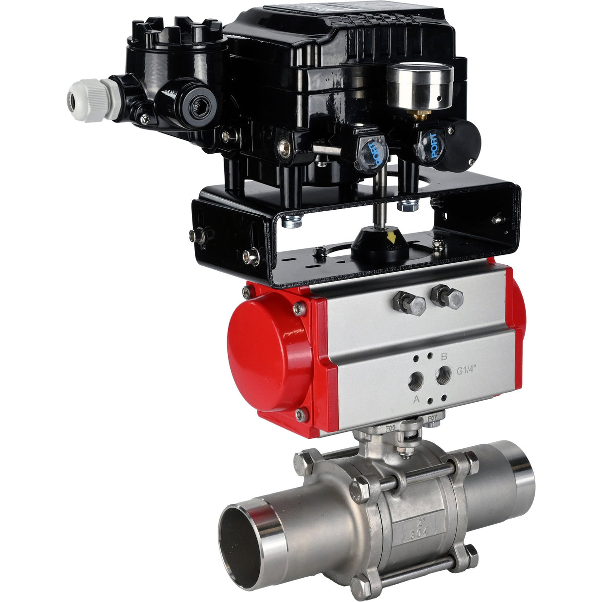 Kugelhähne Elephant BV3131P(3pc)-FP-W-ISO-H LANG DN10-150 Vollbohrung, Gehäuse - Edelstahl 304, geschweißt, mit pneumatischem Antrieb Elephant PA-DA und pneumatischem Positionsregler YT-1000RSN