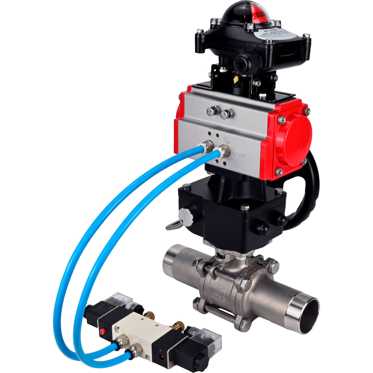 Kugelhähne Elephant BV3131P(3pc)-FP-W-ISO-H LANG, Gehäusematerial - Edelstahl AISI 304, Dichtung - PTFE / PTFE / Teflon, mit pneumatischem Doppelwirkungsantrieb PA-DA, 4V320-10 220V, LSU APL-210N, Handrad MON