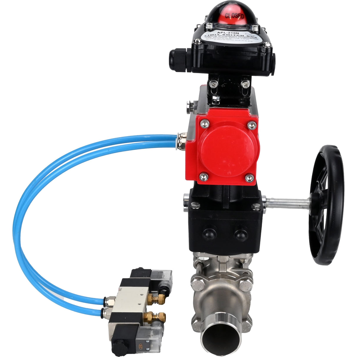 Kugelhähne Elephant BV3131P(3pc)-FP-W-ISO-H LANG, Gehäusematerial - Edelstahl AISI 304, Dichtung - PTFE / PTFE / Teflon, mit pneumatischem Doppelwirkungsantrieb PA-DA, 4V320-10 220V, LSU APL-210N, Handrad MON