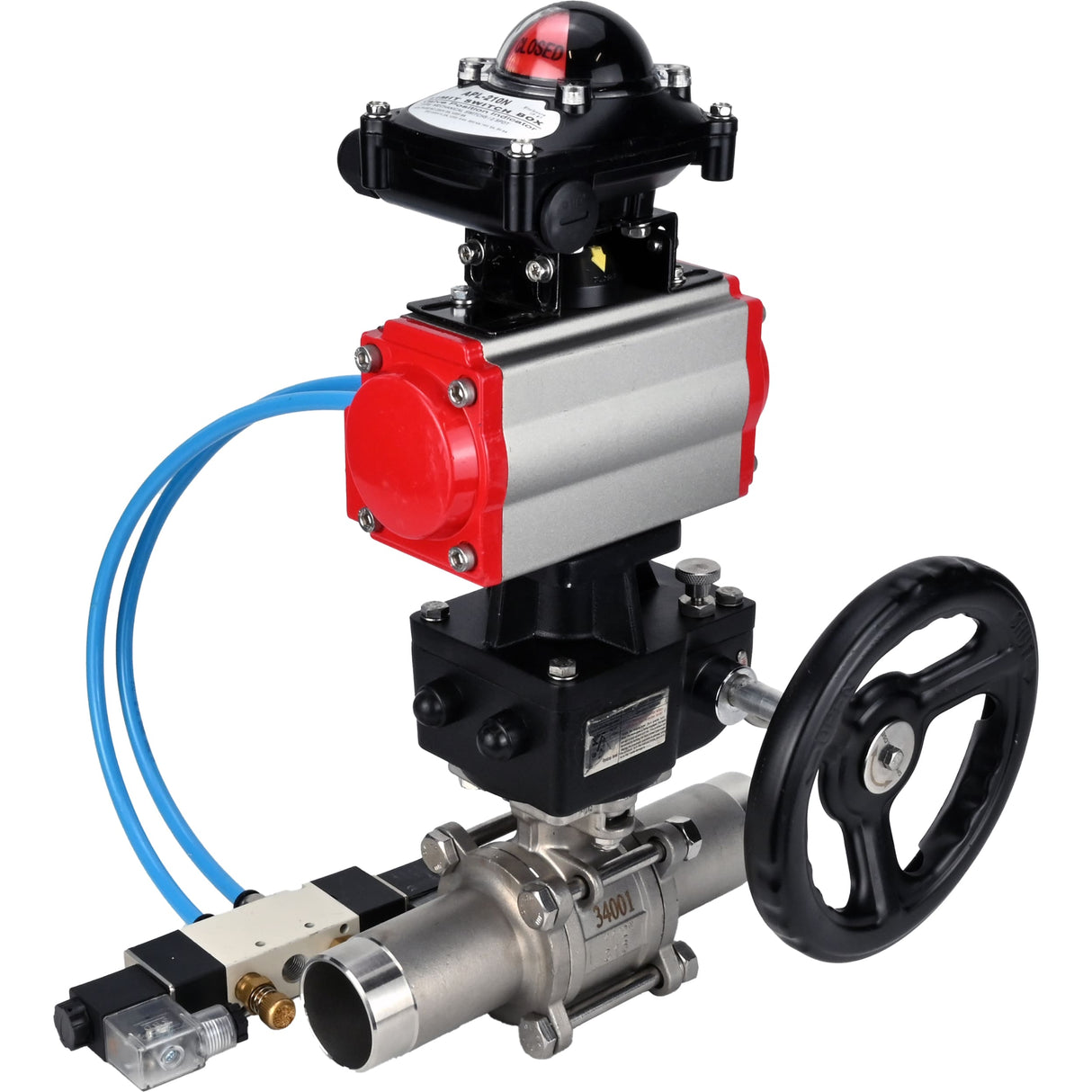 Kugelhähne Elephant BV3131P(3pc)-FP-W-ISO-H LANG, Gehäusematerial - Edelstahl AISI 304, Dichtung - PTFE / PTFE / Teflon, mit pneumatischem Doppelwirkungsantrieb PA-DA, 4V320-10 220V, LSU APL-210N, Handrad MON