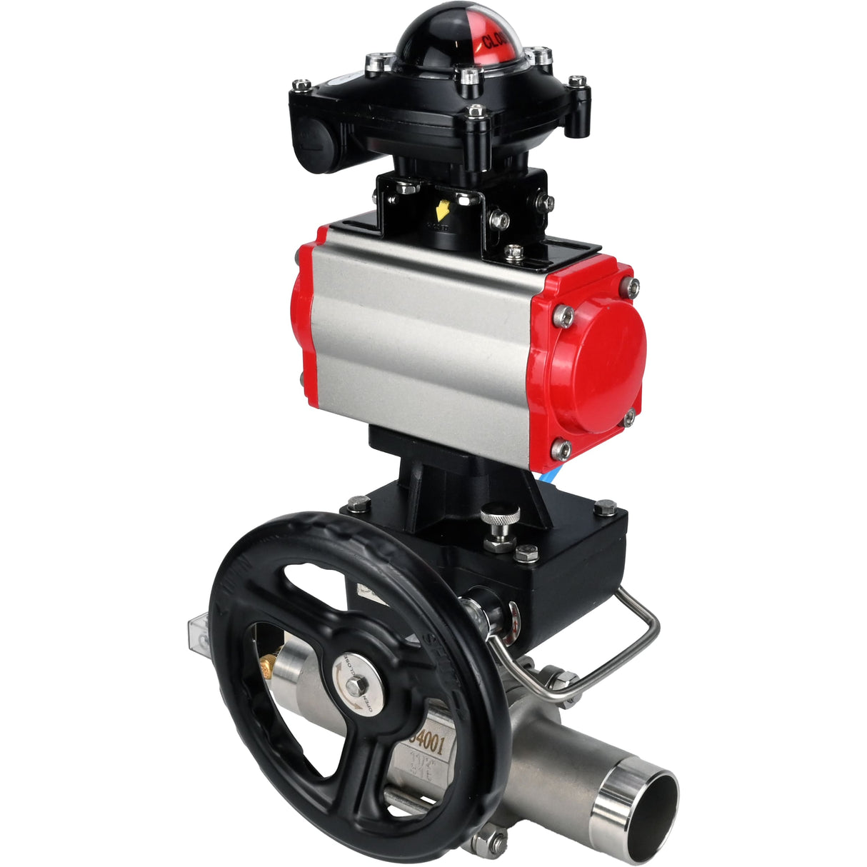 Kugelhähne Elephant BV3131P(3pc)-FP-W-ISO-H LANG, Gehäusematerial - Edelstahl AISI 304, Dichtung - PTFE / PTFE / Teflon, mit pneumatischem Doppelwirkungsantrieb PA-DA, 4V320-10 220V, LSU APL-210N, Handrad MON