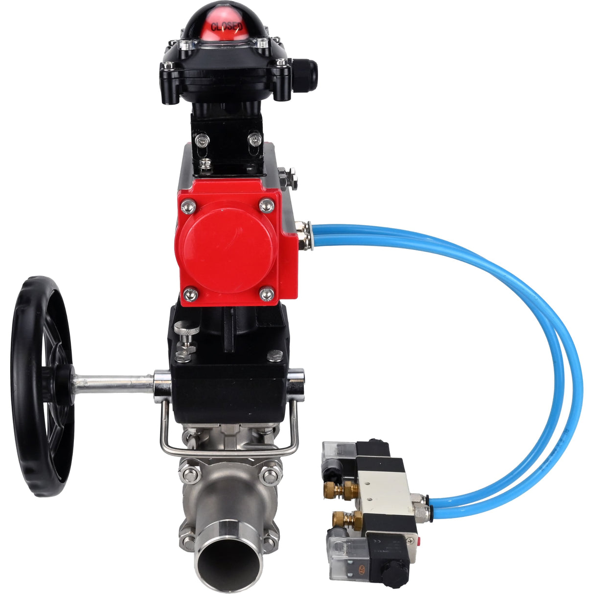 Kugelhähne Elephant BV3131P(3pc)-FP-W-ISO-H LANG, Gehäusematerial - Edelstahl AISI 304, Dichtung - PTFE / PTFE / Teflon, mit pneumatischem Doppelwirkungsantrieb PA-DA, 4V320-10 220V, LSU APL-210N, Handrad MON