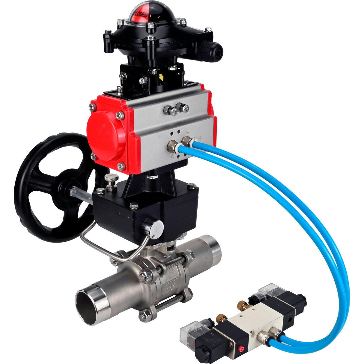 Kugelhähne Elephant BV3131P(3pc)-FP-W-ISO-H LANG, Gehäusematerial - Edelstahl AISI 304, Dichtung - PTFE / PTFE / Teflon, mit pneumatischem Doppelwirkungsantrieb PA-DA, 4V320-10 220V, LSU APL-210N, Handrad MON