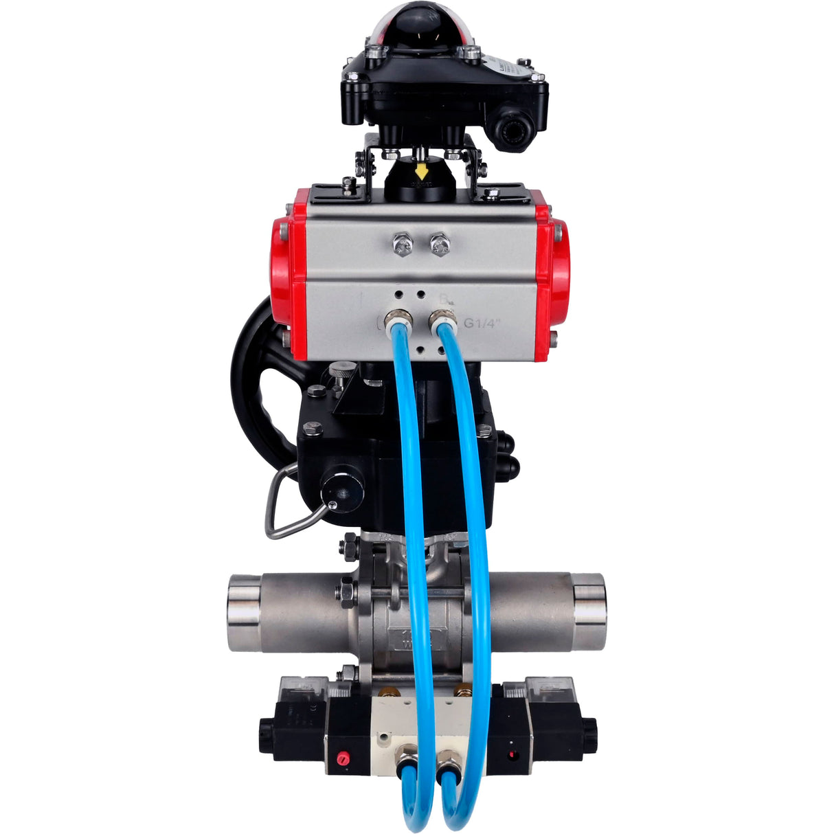 Kugelhähne Elephant BV3131P(3pc)-FP-W-ISO-H LANG, Gehäusematerial - Edelstahl AISI 304, Dichtung - PTFE / PTFE / Teflon, mit pneumatischem Doppelwirkungsantrieb PA-DA, 4V320-10 220V, LSU APL-210N, Handrad MON