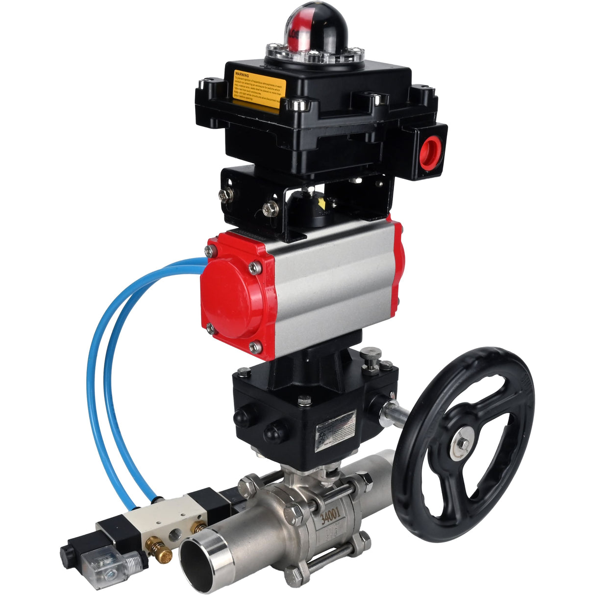 Kugelhähne Elephant BV3131P(3pc)-FP-W-ISO-H LANG, Gehäusematerial - Edelstahl AISI 304, Dichtung - PTFE / PTFE / Teflon, mit pneumatischem Doppelwirkungsantrieb PA-DA, 4V320-10 220V, LSU APL-410N Ex, Handrad MON