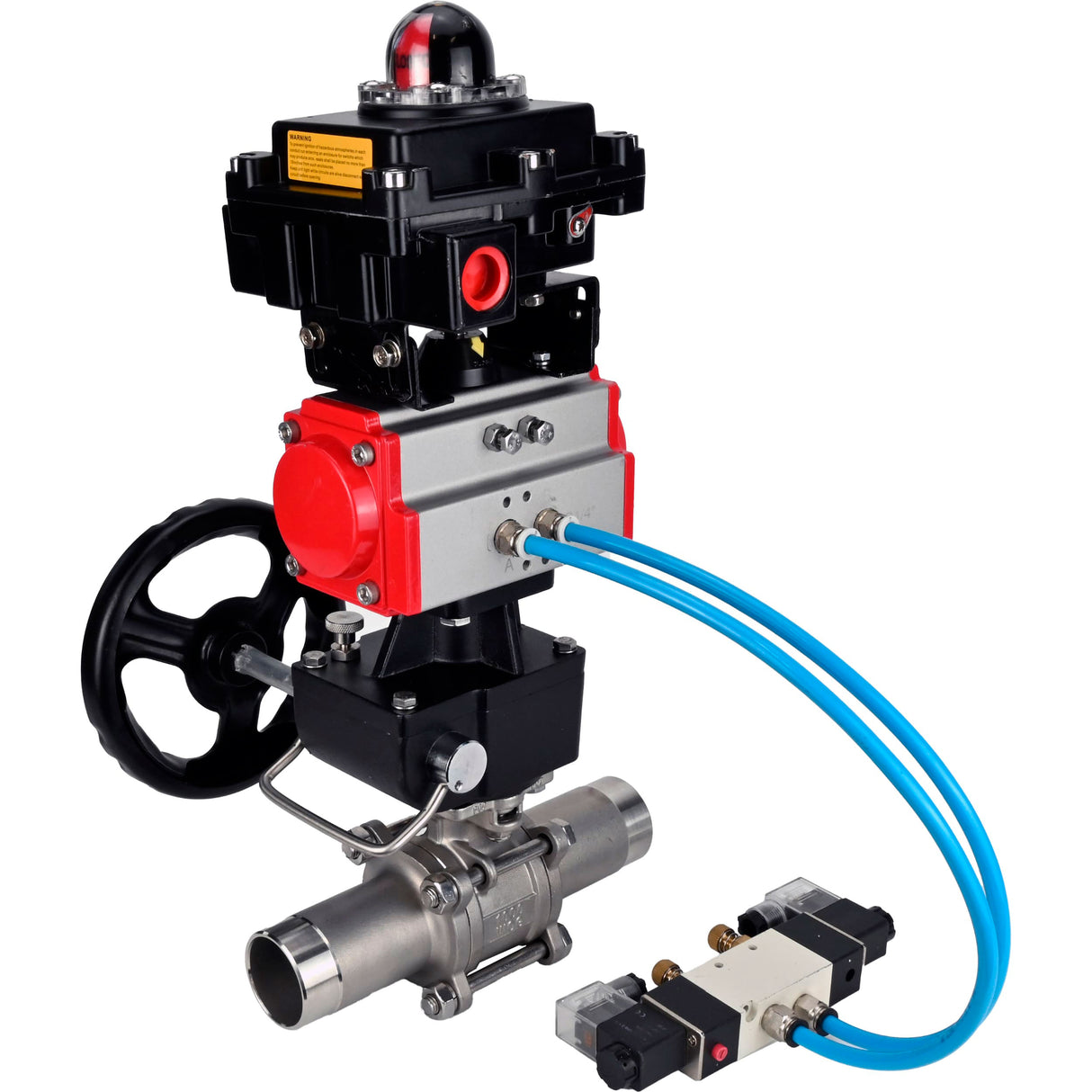 Kugelhähne Elephant BV3131P(3pc)-FP-W-ISO-H LANG, Gehäusematerial - Edelstahl AISI 304, Dichtung - PTFE / PTFE / Teflon, mit pneumatischem Doppelwirkungsantrieb PA-DA, 4V320-10 220V, LSU APL-410N Ex, Handrad MON