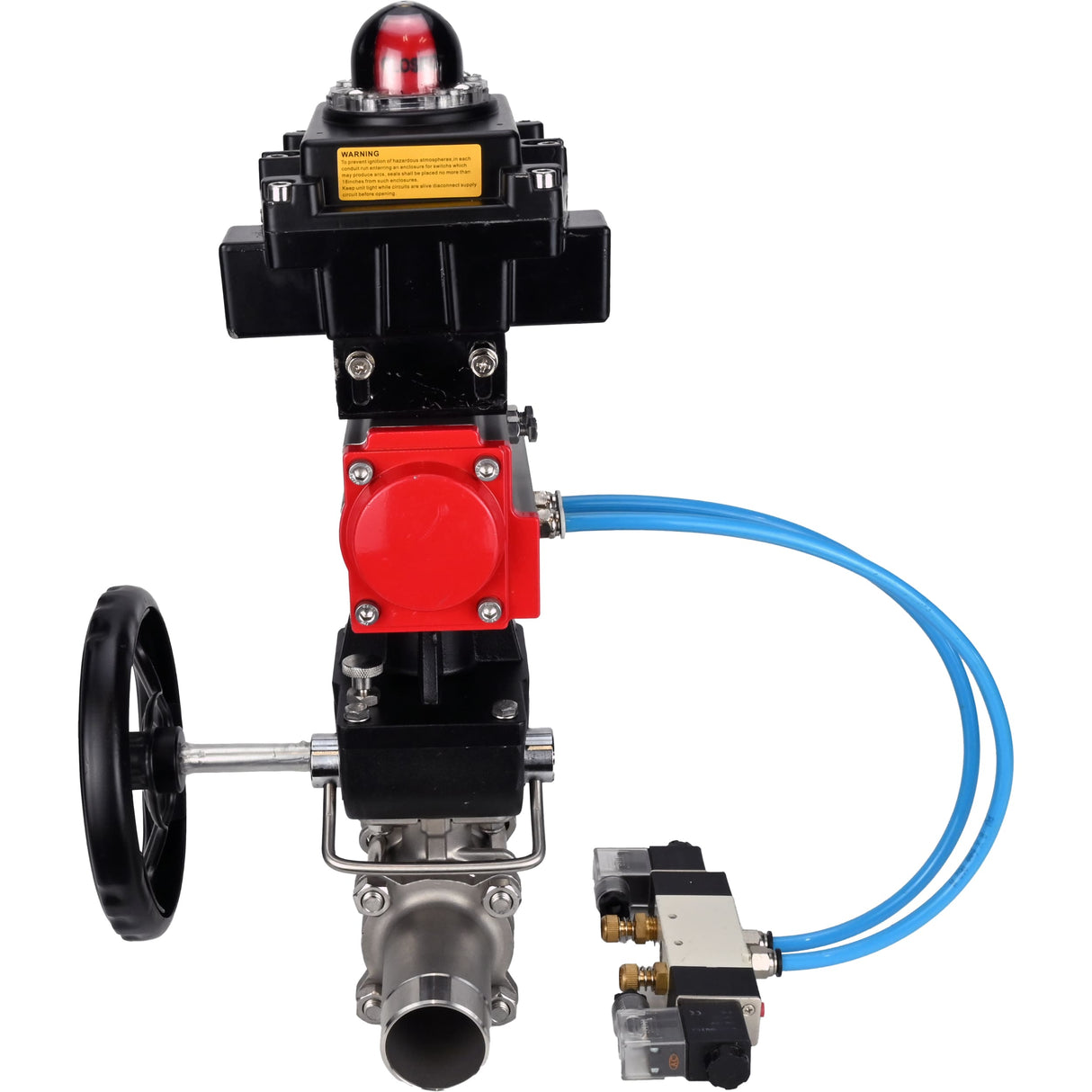 Kugelhähne Elephant BV3131P(3pc)-FP-W-ISO-H LANG, Gehäusematerial - Edelstahl AISI 304, Dichtung - PTFE / PTFE / Teflon, mit pneumatischem Doppelwirkungsantrieb PA-DA, 4V320-10 220V, LSU APL-410N Ex, Handrad MON