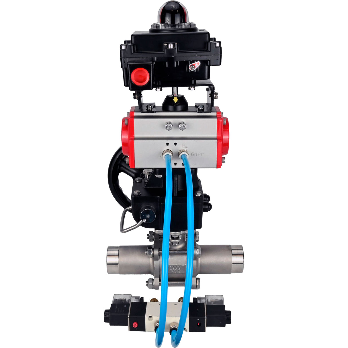 Kugelhähne Elephant BV3131P(3pc)-FP-W-ISO-H LANG, Gehäusematerial - Edelstahl AISI 304, Dichtung - PTFE / PTFE / Teflon, mit pneumatischem Doppelwirkungsantrieb PA-DA, 4V320-10 220V, LSU APL-410N Ex, Handrad MON