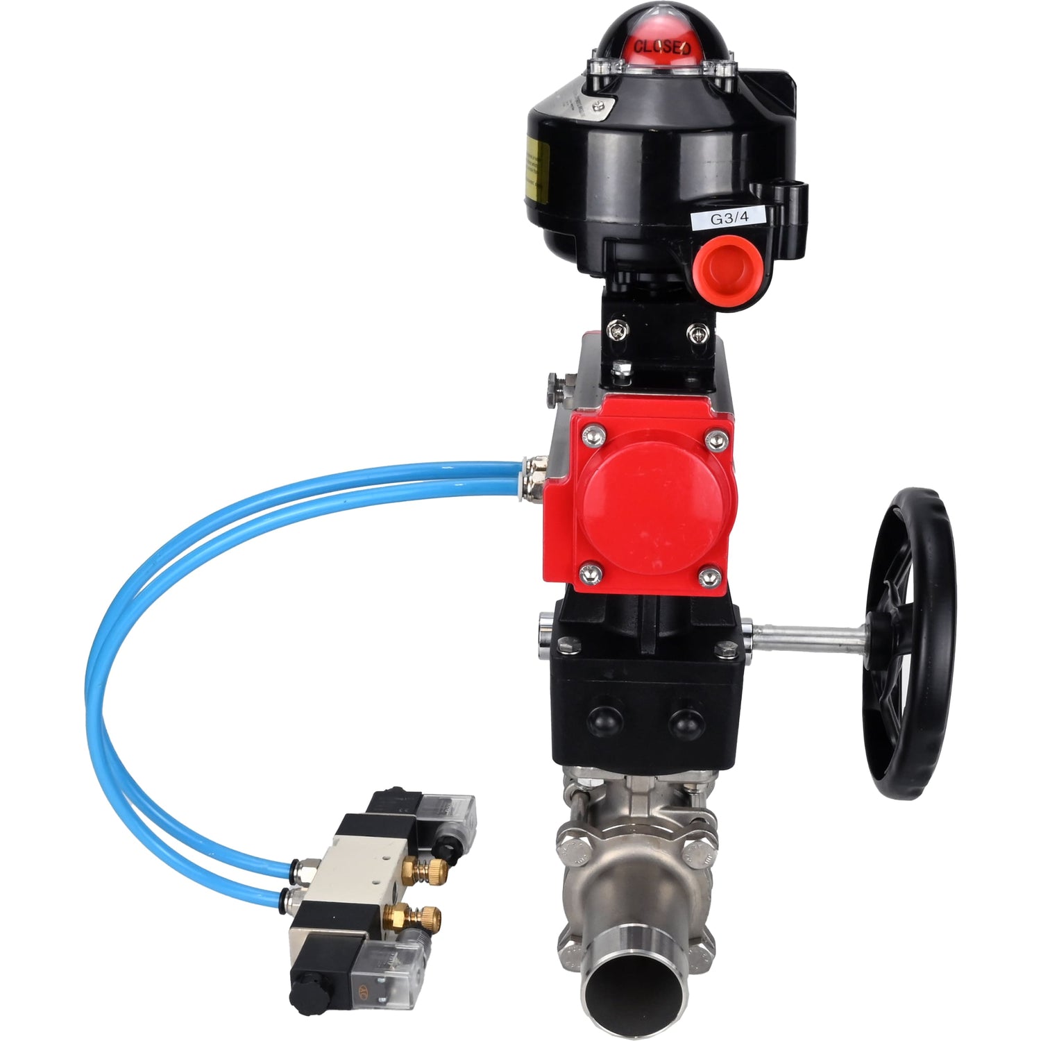 Kugelhähne Elephant BV3232P(3pc)-FP-W-ISO-H LANG, Gehäusematerial - Edelstahl AISI 316, Dichtung - PTFE / PTFE / Teflon, mit pneumatischem Doppelwirkungsantrieb PA-DA, 4V320-10 220V, LSU APL-510N Ex, Handrad MON