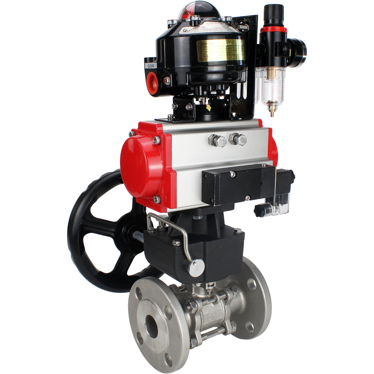 Kugelhähne Elephant BV3131P(3pc)-FP-F-ISO-H geflanscht, voller Durchgang, dreiteilig, Gehäuse - Edelstahl SS304, Dichtung - PTFE, mit pneumatischem Antrieb PA-DA-052-130 pneumatischer Verteiler 4M310 -08 220V Getriebe MON ATU AFC2000 LSU APL-510N