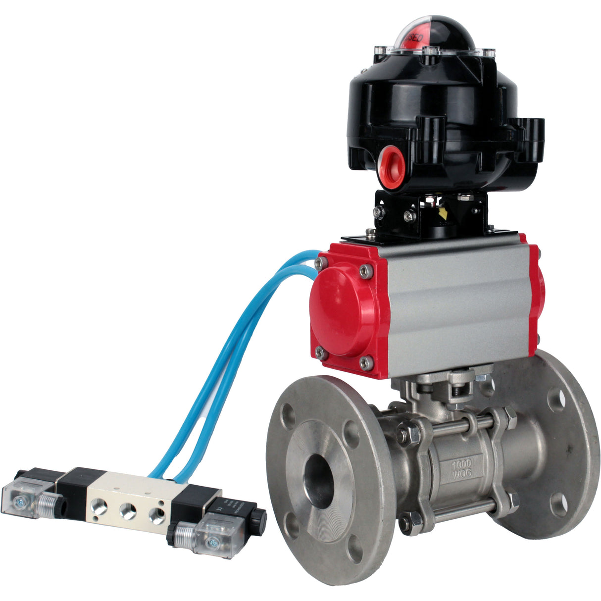 Kugelhähne Elephant BV3131P(3-teilig)-FP-F-ISO-Flansch, voller Durchgang, dreiteilig, Gehäuse - Edelstahl SS304, Dichtung - PTFE, mit pneumatischem Antrieb Elephant PA-SA 065-160 pneumatischer Verteiler 4V320-08 Anschluss DN8 LSU APL-510N