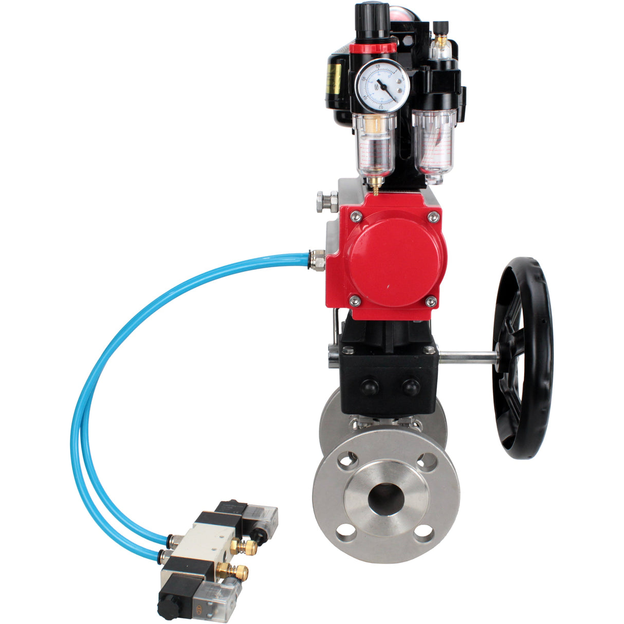 Kugelhähne Elephant BV3232P(3pc)-FP-F-ISO-H mit Flansch, dreiteilig, Gehäuse - Edelstahl SS316, Dichtung - PTFE, mit pneumatischem Antrieb PA-DA-052-130 pneumatischer Verteiler 4V320-10 Getriebe MON ATU AFC2000 LSU APL-510N-EX