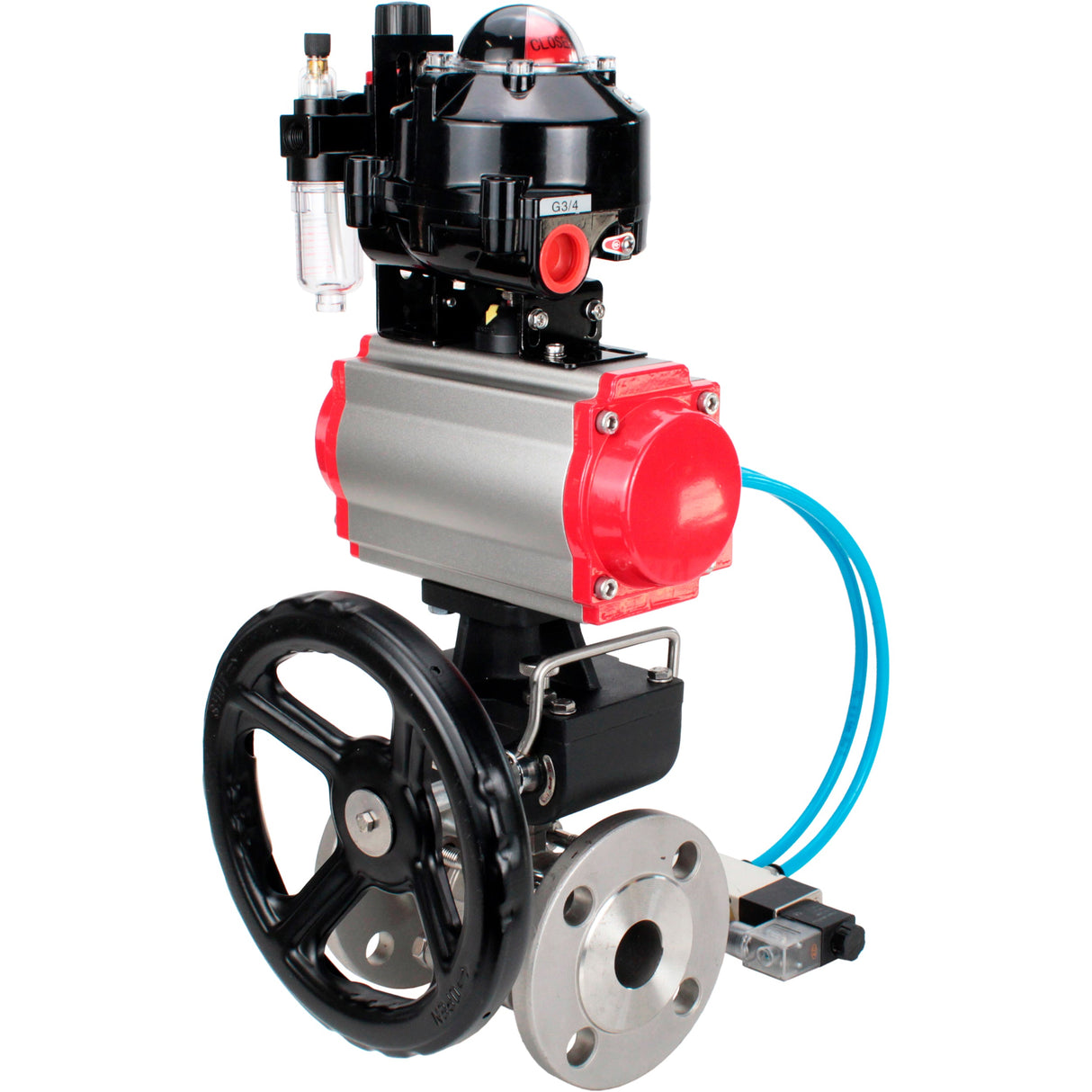 Kugelhähne Elephant BV3131P(3pc)-FP-F-ISO-H geflanscht, voller Durchgang, dreiteilig, Gehäuse - Edelstahl SS304, Dichtung - PTFE, mit pneumatischem Antrieb PA-DA-052-130 pneumatischer Verteiler 4V320 -10 MON Getriebe ATU AFC2000 LSU APL-510N-EX