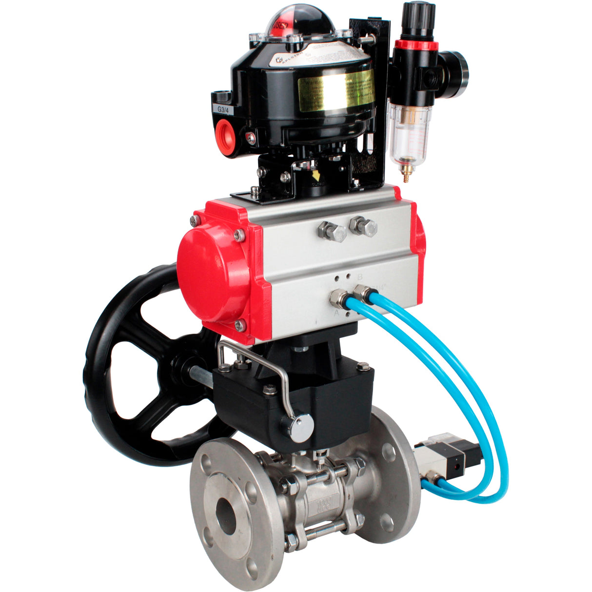 Kugelhähne Elephant BV3131P(3pc)-FP-F-ISO-H geflanscht, voller Durchgang, dreiteilig, Gehäuse - Edelstahl SS304, Dichtung - PTFE, mit pneumatischem Antrieb PA-DA-052-130 pneumatischer Verteiler 4V320 -10 MON Getriebe ATU AFC2000 LSU APL-510N-EX