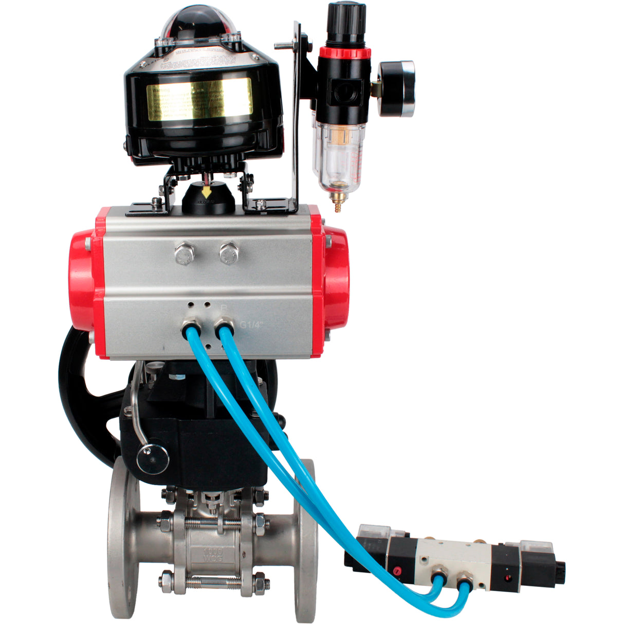 Kugelhähne Elephant BV3232P(3pc)-FP-F-ISO-H geflanscht, dreiteilig, Gehäuse - Edelstahl SS316, Dichtung - PTFE, mit pneumatischem Antrieb PA-DA-052-130 pneumatischer Verteiler 4V320-08 Getriebe MON ATU AFC2000 LSU APL-510N-EX