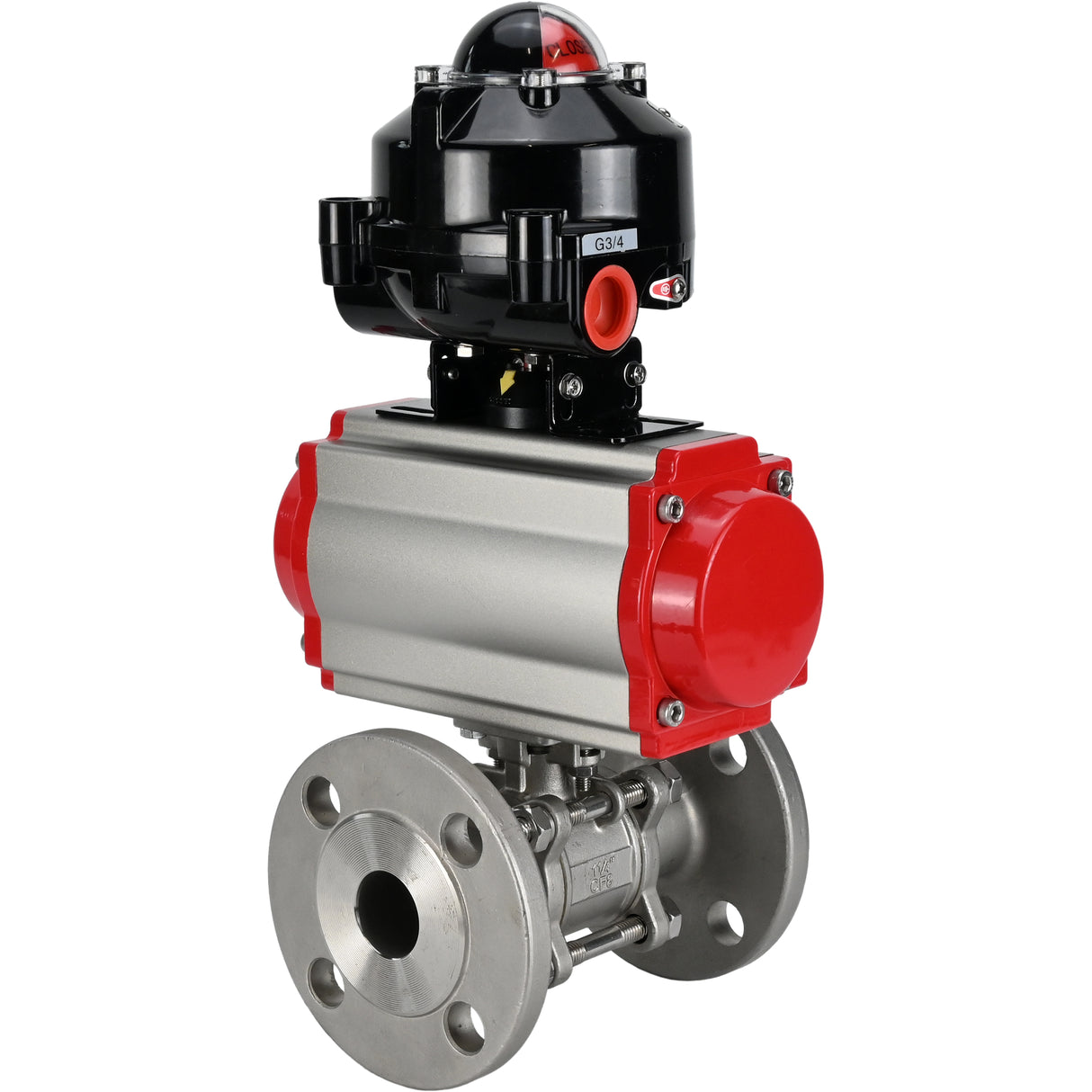 Kugelhähne Elephant BV3131P(3pc)-FP-F-ISO-H mit Flansch, voller Durchgang, dreiteilig, Gehäuse - Edelstahl SS304, Dichtung - PTFE, mit pneumatischem Antrieb Elephant PA-DA 052-130 und LSU APL -510N-EX