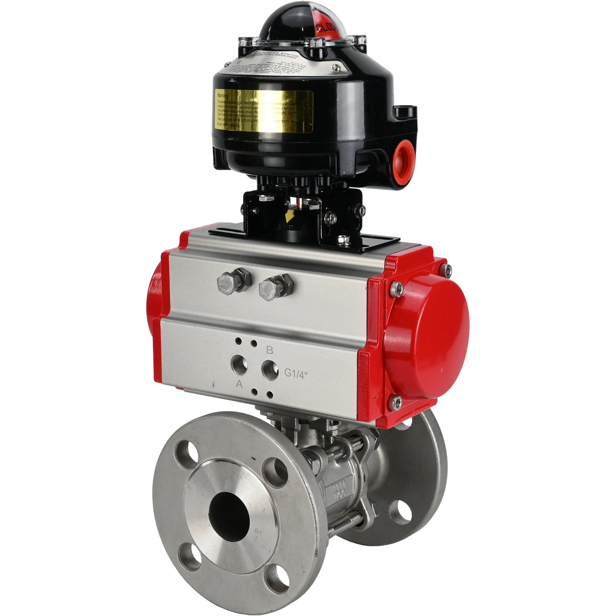 Kugelhähne Elephant BV3131P(3pc)-FP-F-ISO-H mit Flansch, voller Durchgang, dreiteilig, Gehäuse - Edelstahl SS304, Dichtung - PTFE, mit pneumatischem Antrieb Elephant PA-DA 052-130 und LSU APL -510N-EX