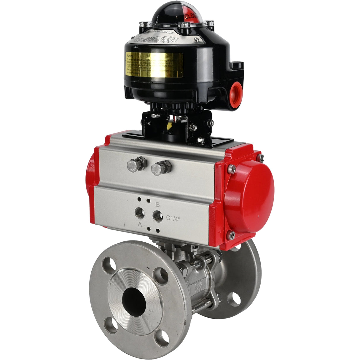 Kugelhähne Elephant BV3232P(3pc)-FP-F-ISO-H mit Flansch, voller Durchgang, dreiteilig, Gehäuse - Edelstahl SS316, Dichtung - PTFE, mit pneumatischem Antrieb Elephant PA-DA 052-130 und LSU APL -510N-EX