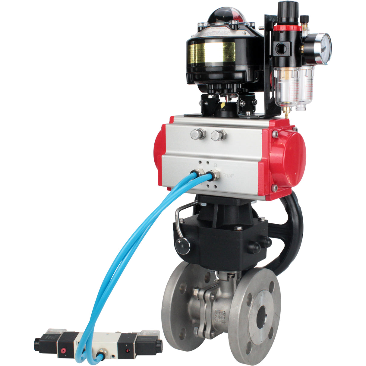 Kugelhähne Elephant BV3232P(2 Stück)-FP-F-ISO-H DN15-250 mit Flansch, zweiteilig, Gehäuse - Edelstahl SS316, Dichtung - PTFE, mit pneumatischem Antrieb PA-DA-052-210 pneumatischer Verteiler 4V320-08 Getriebe MON ATU AFC2000 LSU APL-510N-EX