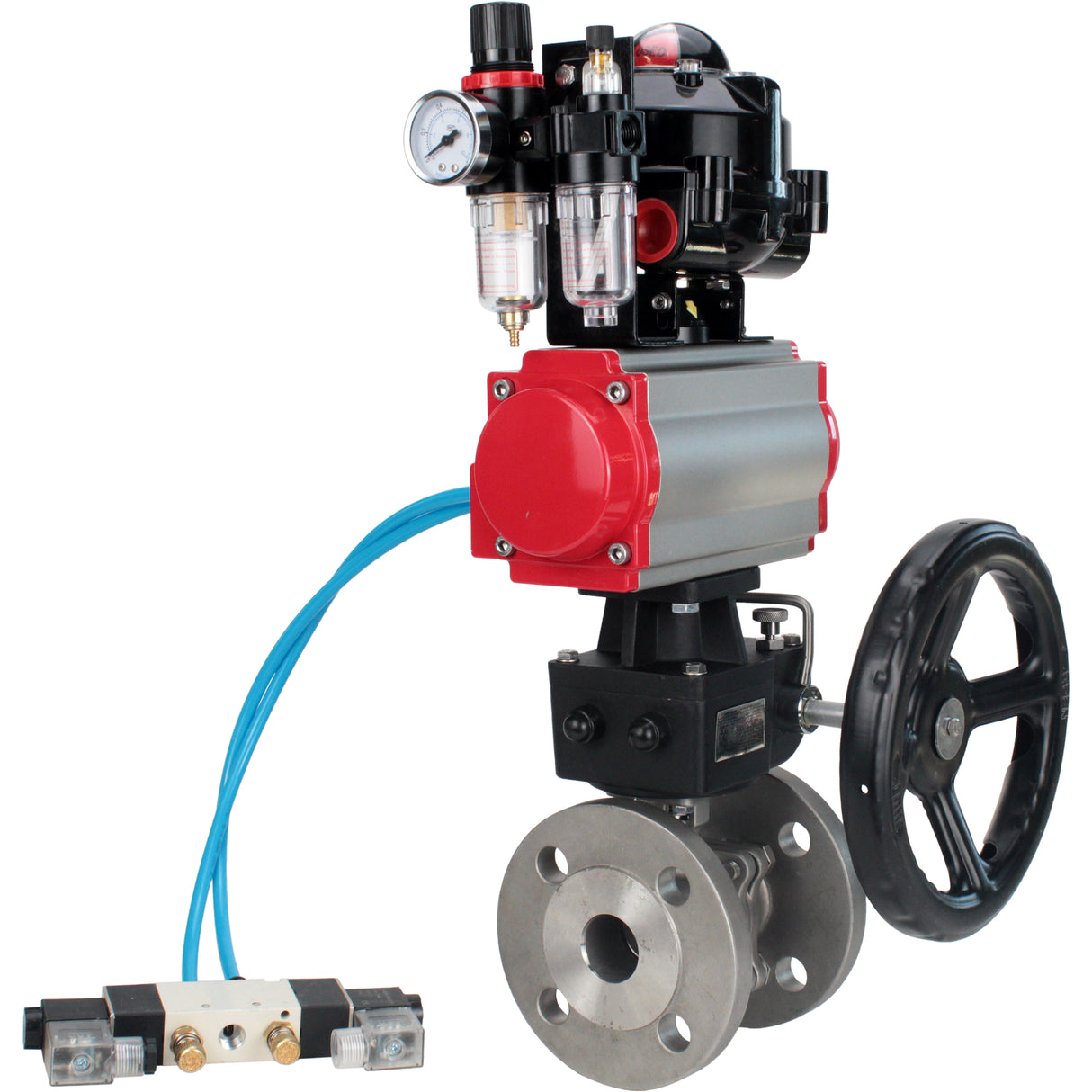 Kugelhähne Elephant BV3232P(2 Stück)-FP-F-ISO-H DN15-250 mit Flansch, zweiteilig, Gehäuse - Edelstahl SS316, Dichtung - PTFE, mit pneumatischem Antrieb PA-DA-052-210 pneumatischer Verteiler 4V320-08 Getriebe MON ATU AFC2000 LSU APL-510N-EX