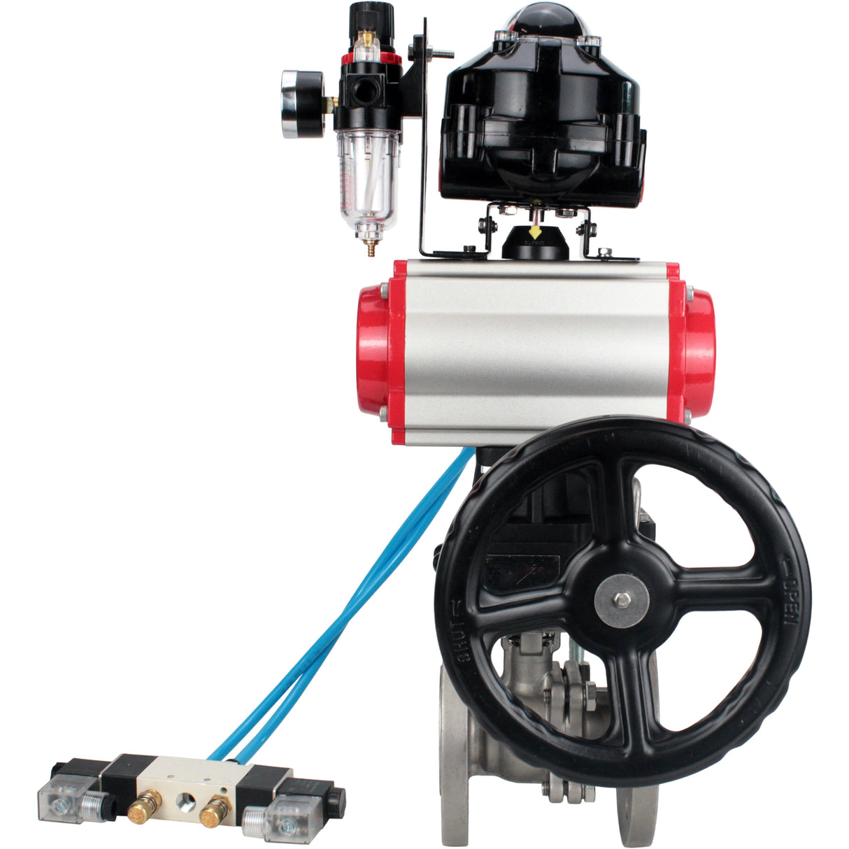 Kugelhähne Elephant BV3232P(2 Stück)-FP-F-ISO-H DN15-250 mit Flansch, zweiteilig, Gehäuse - Edelstahl SS316, Dichtung - PTFE, mit pneumatischem Antrieb PA-DA-052-210 pneumatischer Verteiler 4V320-10 Getriebe MON ATU AFC2000 LSU APL-510N-EX