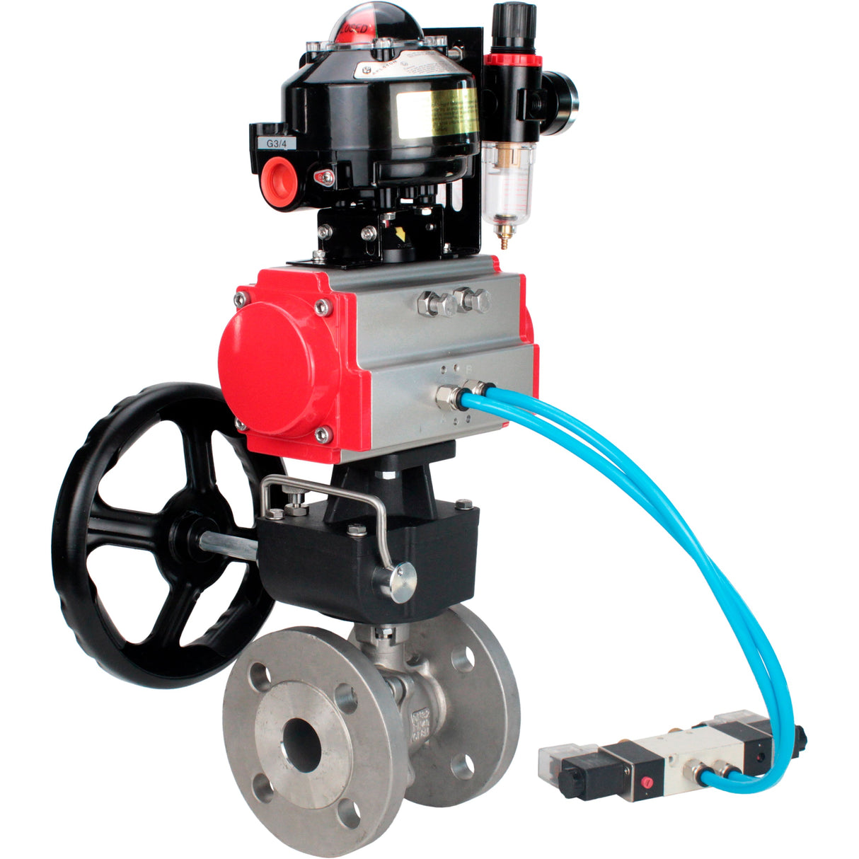 Kugelhähne Elephant BV3232P(2 Stück)-FP-F-ISO-H DN15-250 mit Flansch, zweiteilig, Gehäuse - Edelstahl SS316, Dichtung - PTFE, mit pneumatischem Antrieb PA-DA-052-210 pneumatischer Verteiler 4V320-10 Getriebe MON ATU AFC2000 LSU APL-510N-EX