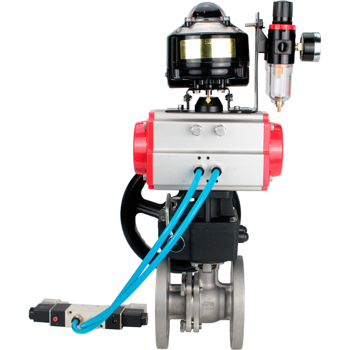 Kugelhähne Elephant BV3232P(2 Stück)-FP-F-ISO-H DN15-250 mit Flansch, zweiteilig, Gehäuse - Edelstahl SS316, Dichtung - PTFE, mit pneumatischem Antrieb PA-DA-052-210 pneumatischer Verteiler 4V320-08 Getriebe MON ATU AFC2000 LSU APL-510N-EX