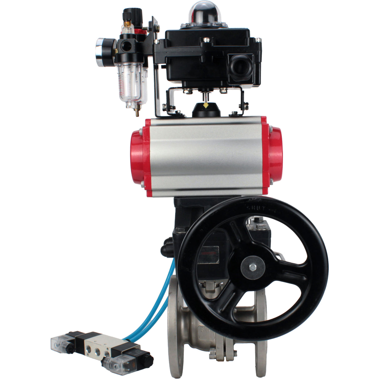 Kugelhähne Elephant BV3232P(2 Stück)-FP-F-ISO-H, Gehäusematerial - Edelstahl AISI 316, Dichtung - PTFE / PTFE / Teflon, mit pneumatischem Doppelwirkungsantrieb PA-DA, 4V320-08 220V, LSU APL-410N Ex, Handrad MON, ATU AFC2000