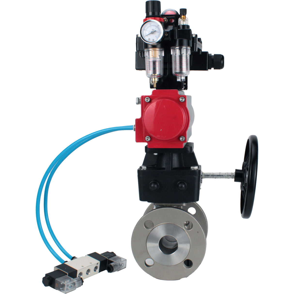 Kugelhähne Elephant BV3232P(2 Stück)-FP-F-ISO-H, Gehäusematerial - Edelstahl AISI 316, Dichtung - PTFE / PTFE / Teflon, mit pneumatischem Doppelwirkungsantrieb PA-DA, 4V320-08 220V, LSU APL-410N Ex, Handrad MON, ATU AFC2000