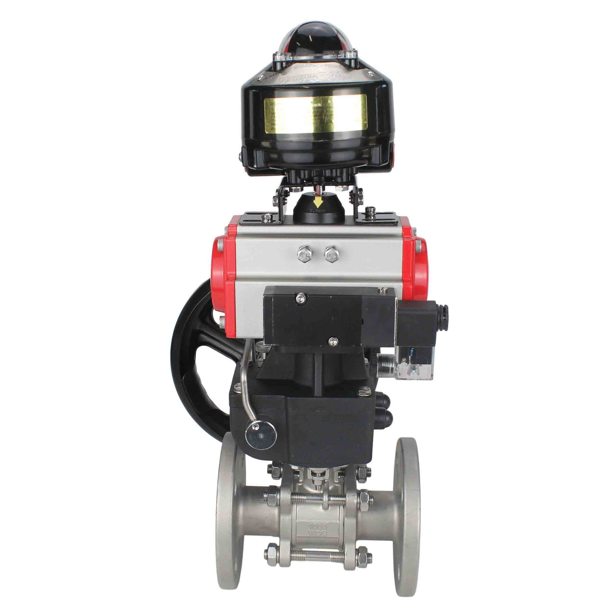 Kugelhähne Elephant BV3232P(3-teilig)-FP-F-ISO-Flansch, voller Durchgang, dreiteilig, Gehäuse aus Edelstahl. Stahl SS316, Dichtung - PTFE, mit pneumatischem Antrieb Elephant PA-DA 052-130 pneumatischer Verteiler 4M310-08 220V Getriebe MON LSU APL-510N-EX